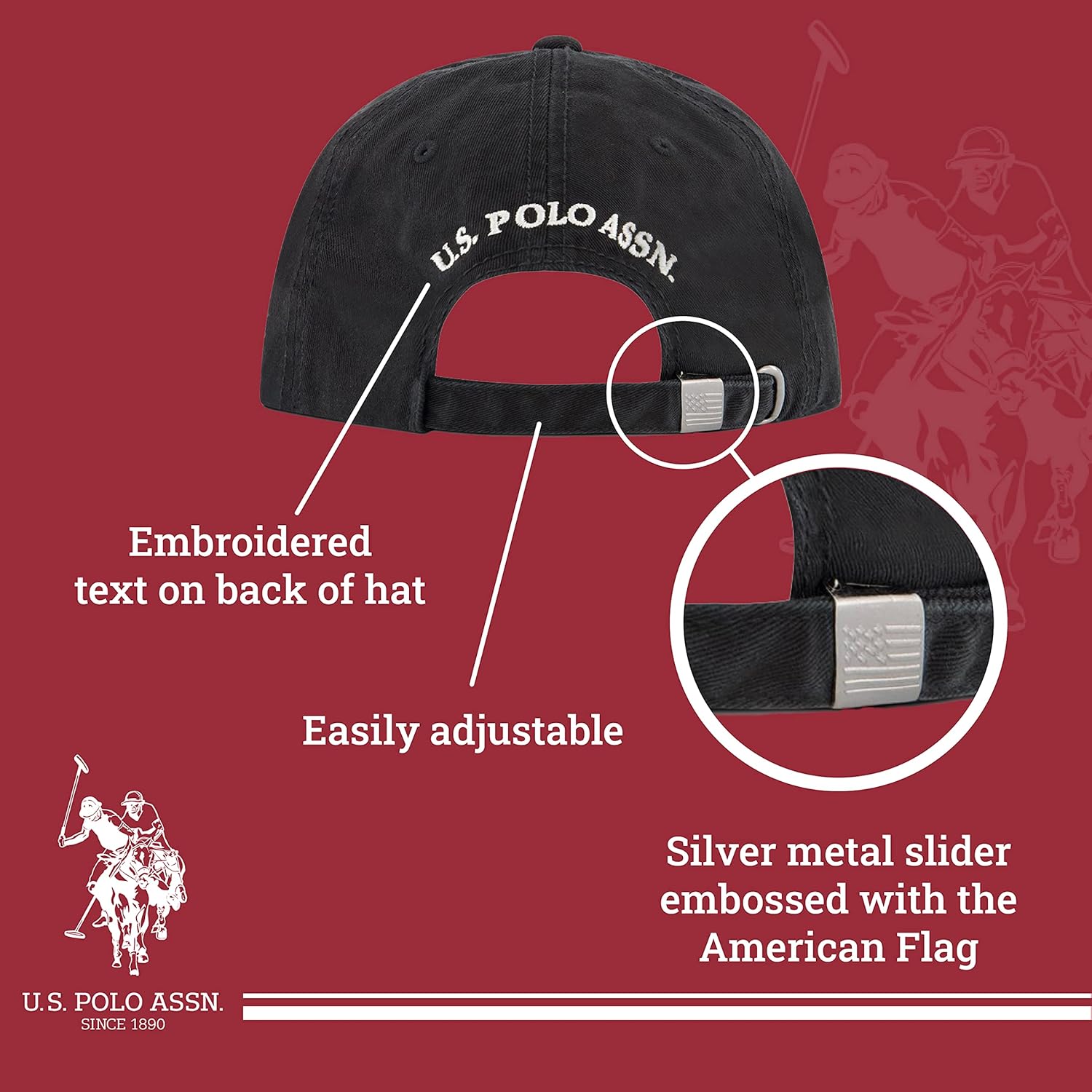 U.S. Polo Assn. Small Polo Pony Logo Baseball Hat, 100% Cotton, Adjustable Cap