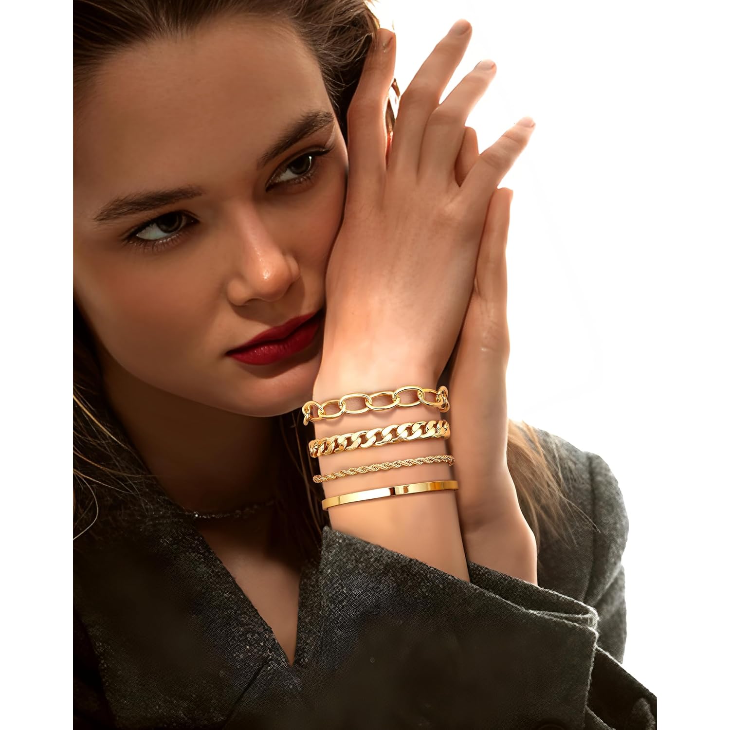 TEN MIRO 16k Chunky Gold Bracelets for Women Non Tarnish, Womens Gold Bracelet Stack Layered Chunky Chain Bracelets Waterproof Link Cuff Herringbone Bracelet Mothers' Day Jewelry Gifts