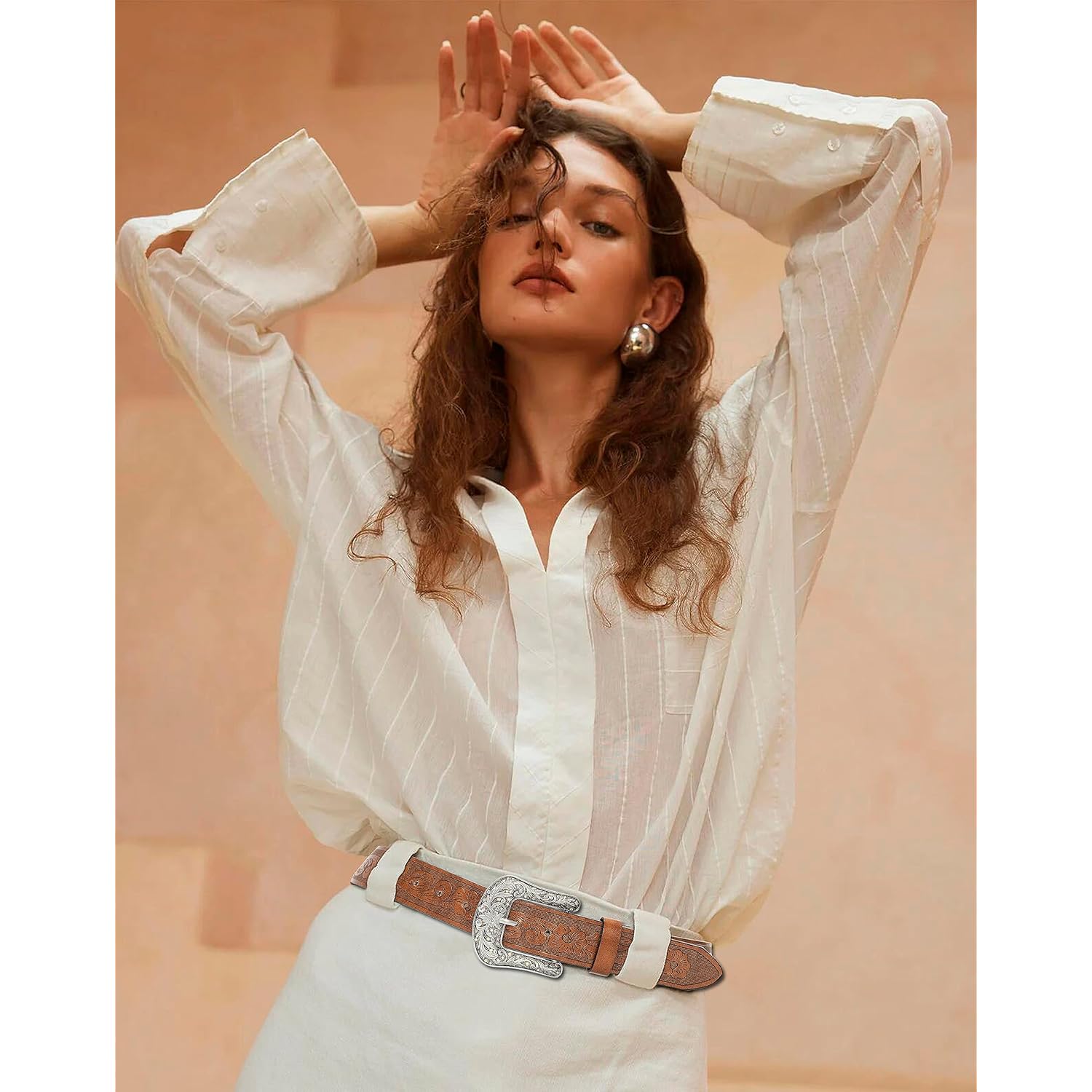 Western-Belt-for-Women-Cowgirl, PU-Leather-Waist-Belts with Vintage-Carved-Buckle and Tips-Ends for Jeans Pants Dresses