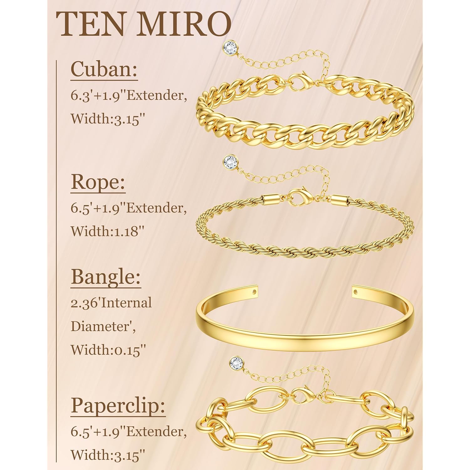 TEN MIRO 16k Chunky Gold Bracelets for Women Non Tarnish, Womens Gold Bracelet Stack Layered Chunky Chain Bracelets Waterproof Link Cuff Herringbone Bracelet Mothers' Day Jewelry Gifts