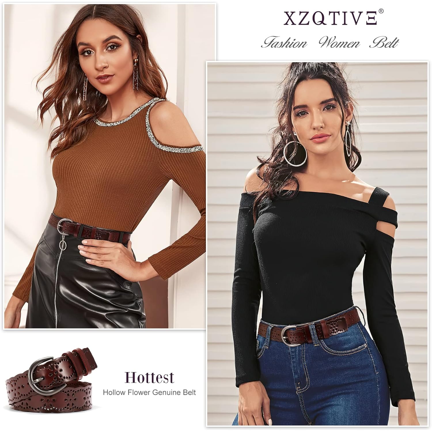 XZQTIVE Women Plus Size Leather Belt for Jeans Dresses Pants Hollow Flower Waist Belts with Solid Pin Buckle