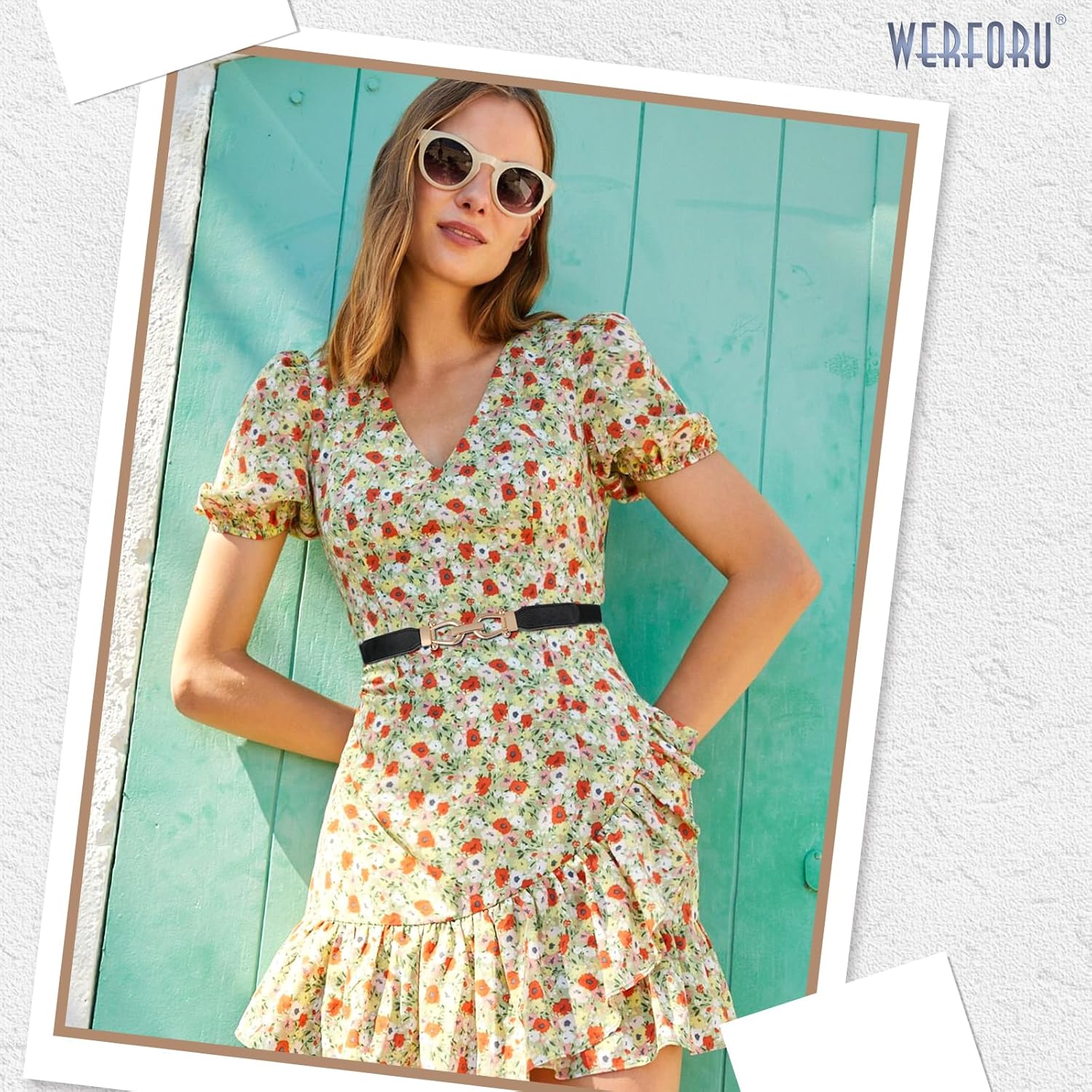WERFORU Women Skinny Belt for Dresses Retro Stretch Waist Belt with Gold Buckle Set of 4