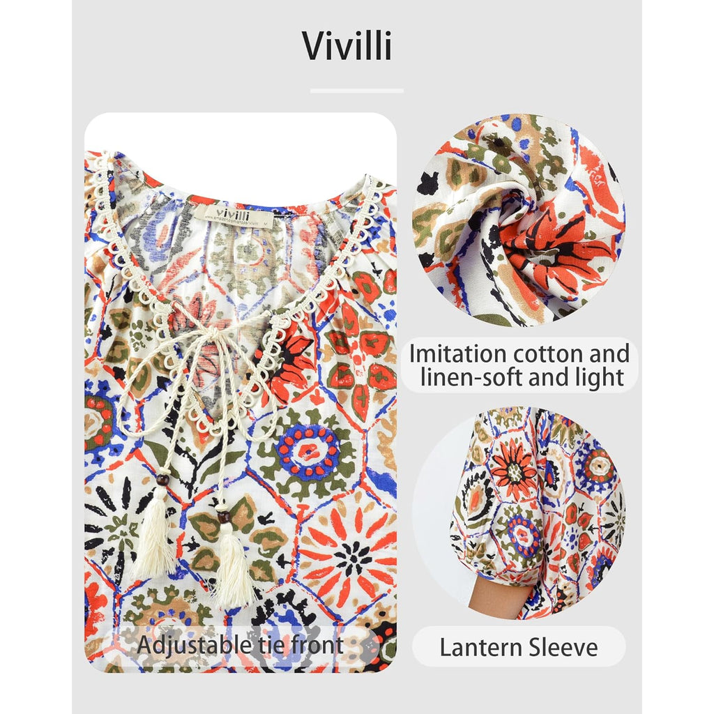 Vivilli Womens Summer Boho Tops Casual V Neck Short Sleeve Blouses Floral Print Shirt Tie Front Flowy Vacation Clothes