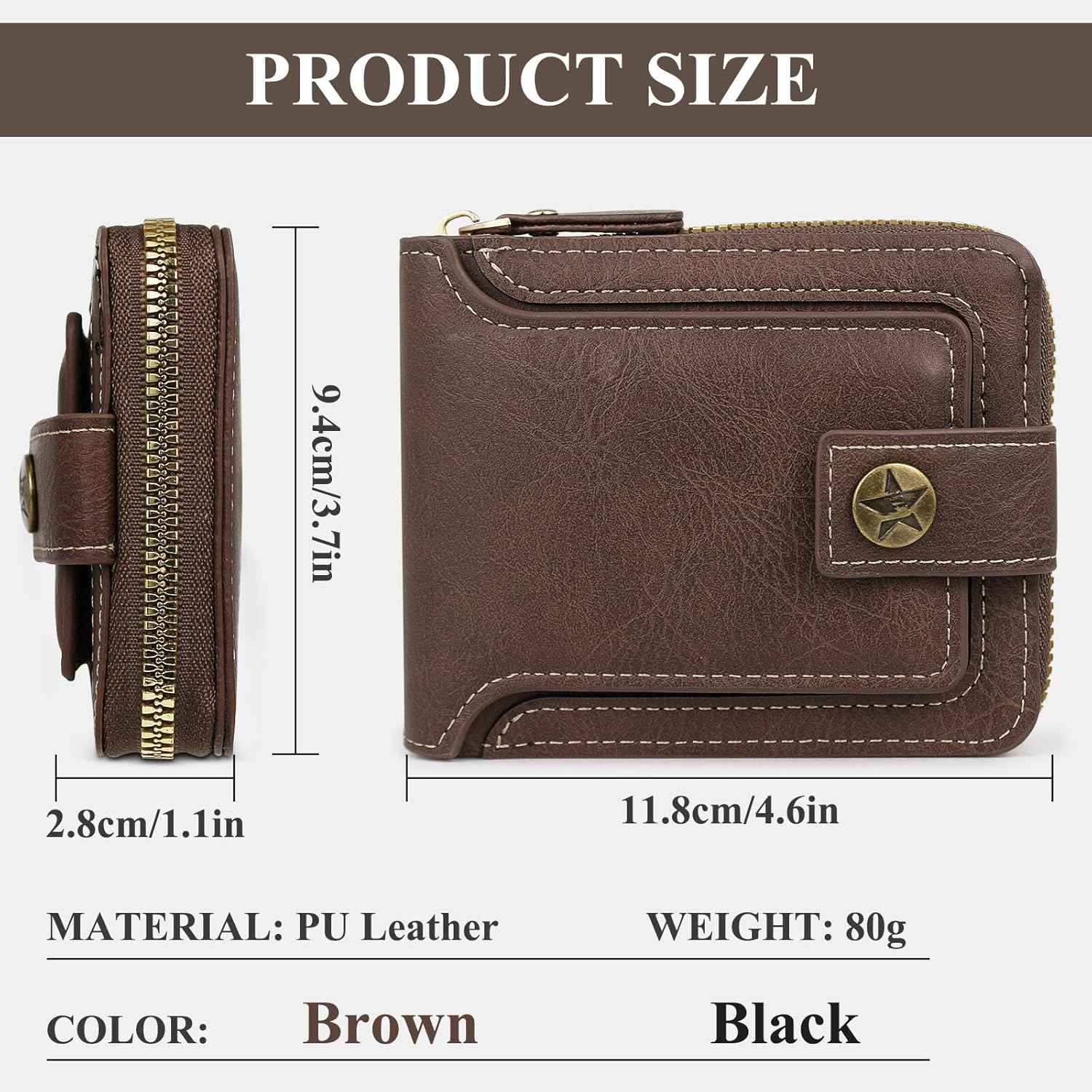 Men Wallet, Vintage PU Leather Multi-Card Zipper Wallet with 10 Card Slots and Zipper Pocket Large Capacity Buckle Credit Card Holder Wallet with Zipper (A, Brown)