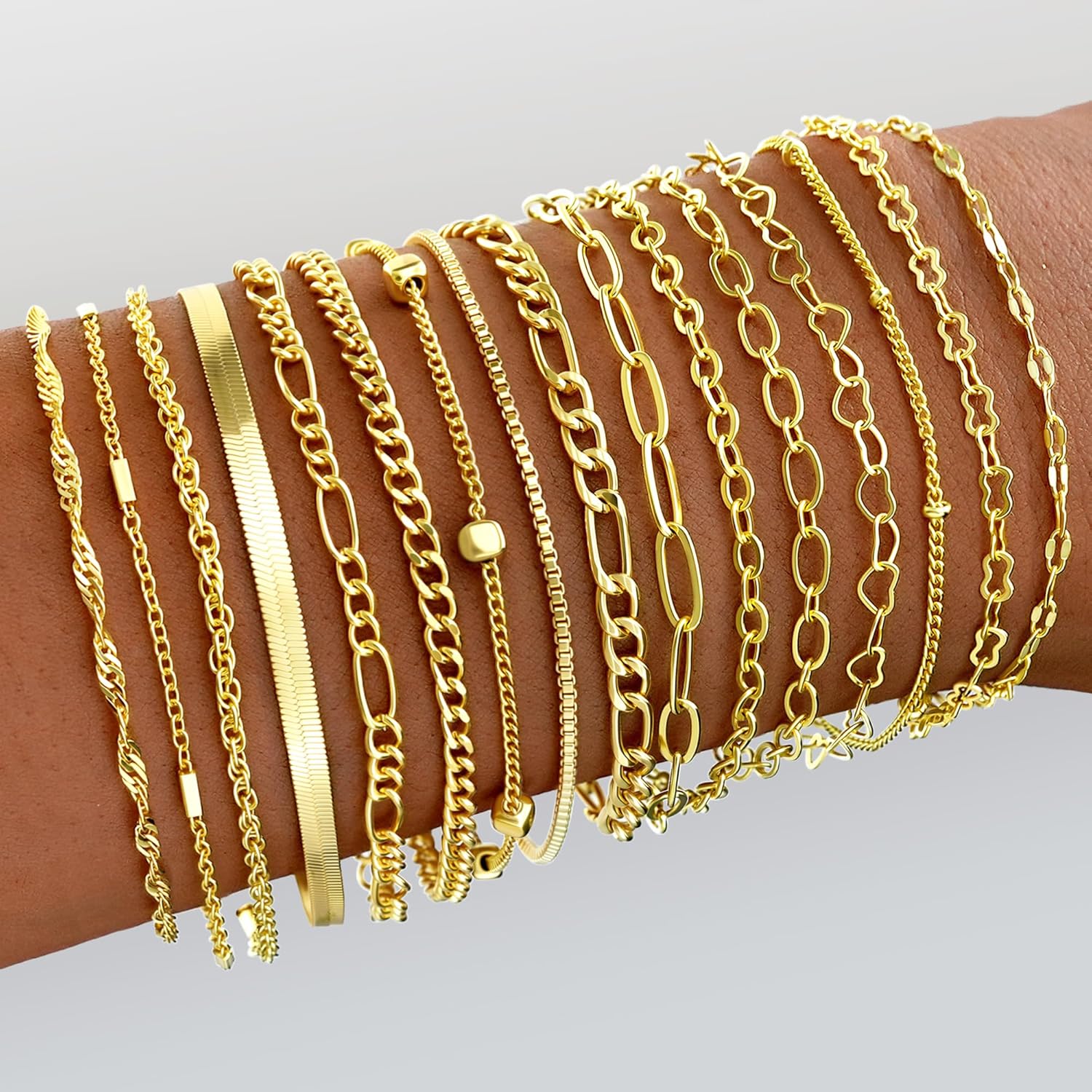16 PCS Gold Bracelets for Women, Dainty Bracelets Set for Women Trendy, Gold Stackable Cuban Link Paperclip Chain Bracelet Pack Jewelry Gifts for Women