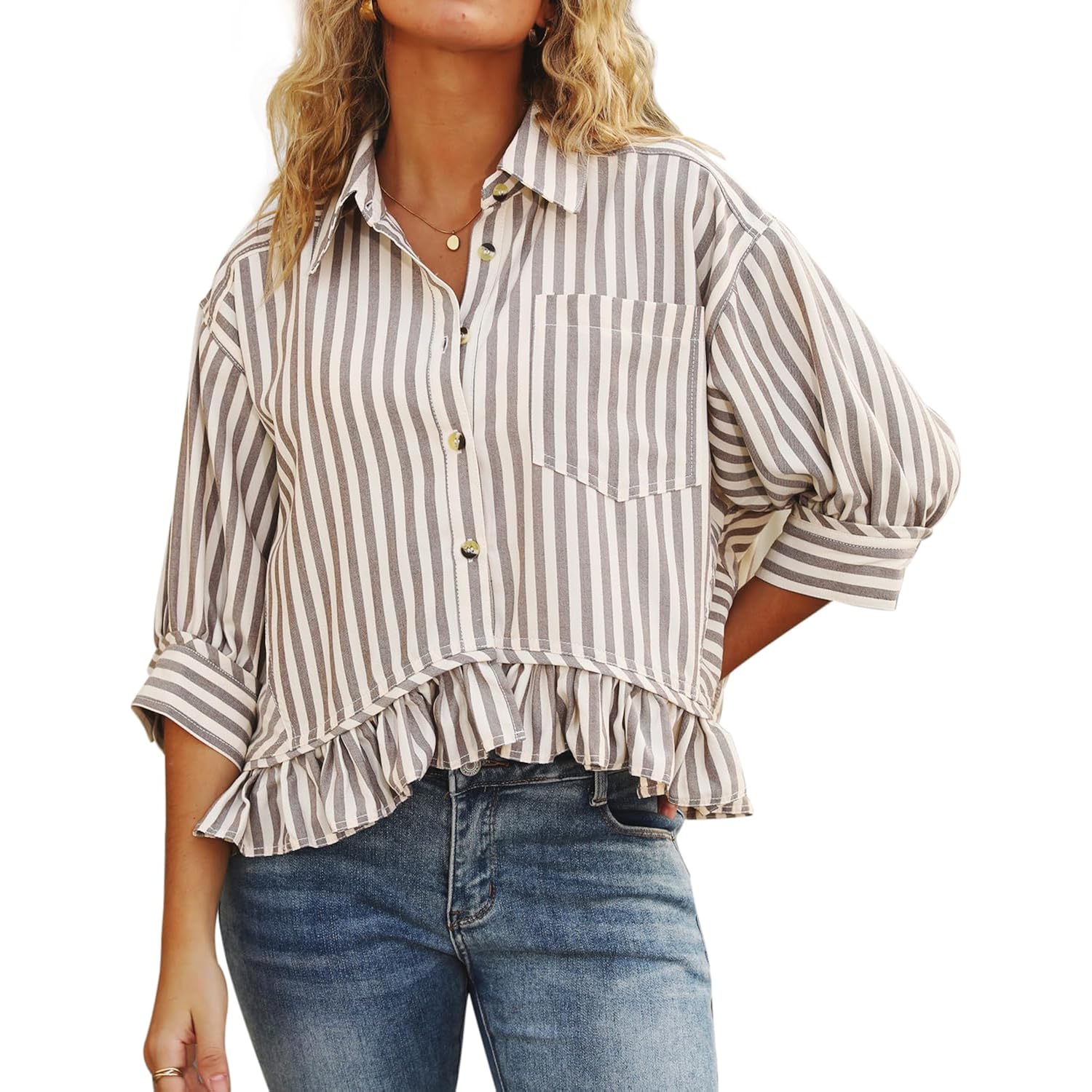 CHYRII Womens Summer Tops Dressy Casual Blouse Top Ruffled Short Sleeve Button Down Striped Shirt