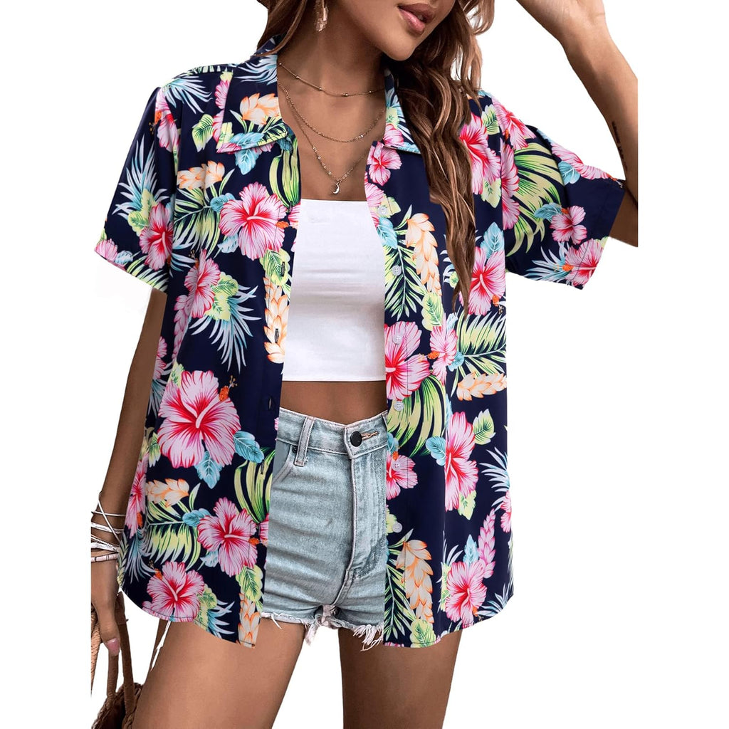 MYHALF Women Hawaiian Shirt Soft Cool Summer Hawaii Shirts Floral Tropic Print V Neck T-Shirt Short Sleeve Button Up Tops