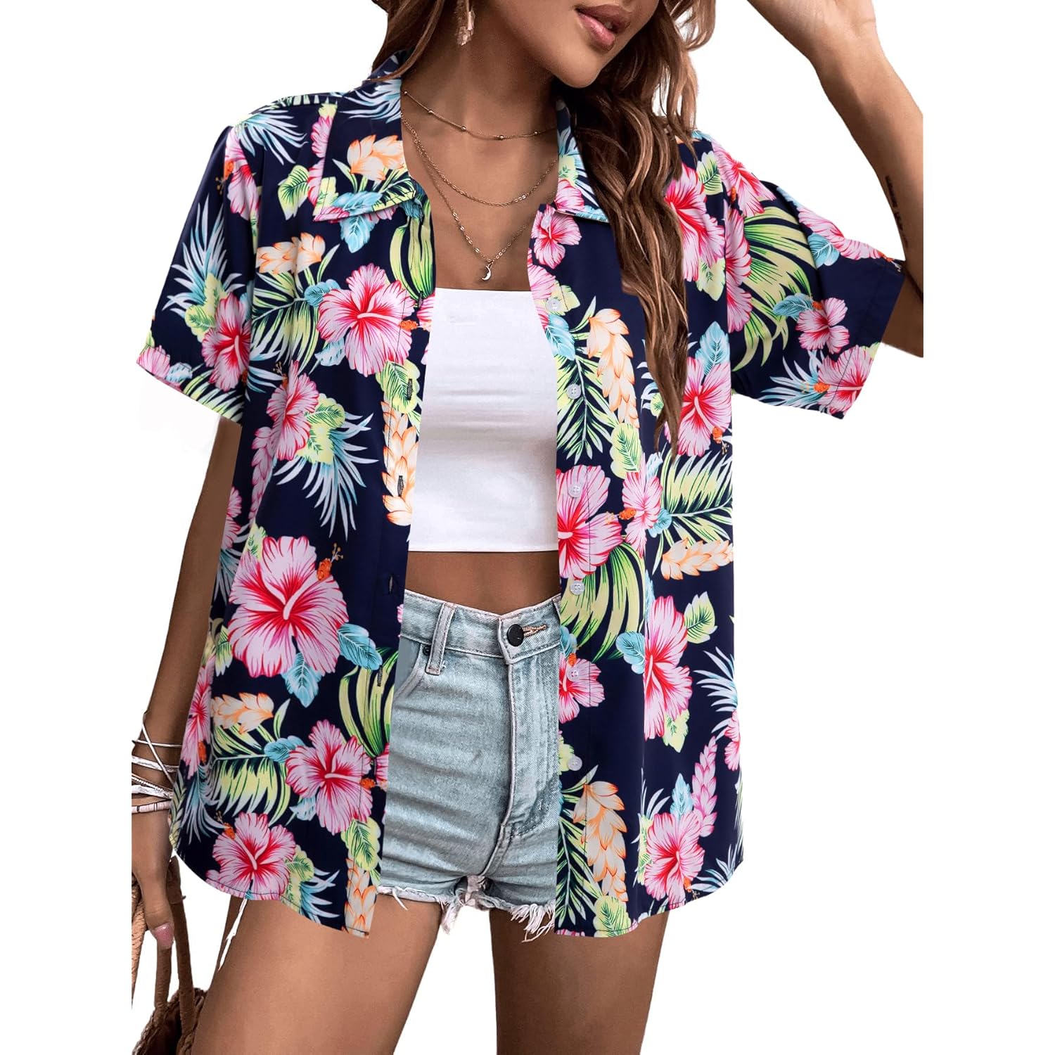 MYHALF Women Hawaiian Shirt Soft Cool Summer Hawaii Shirts Floral Tropic Print V Neck T-Shirt Short Sleeve Button Up Tops