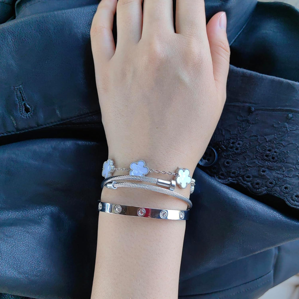 Womens Stackable Floral Silver Bracelets - 3Pcs Stainless Steel Bangle Bracelets Non Tarnish, Silver Bracelet Set Trendy Jewelry, Gifts for Girlfriend