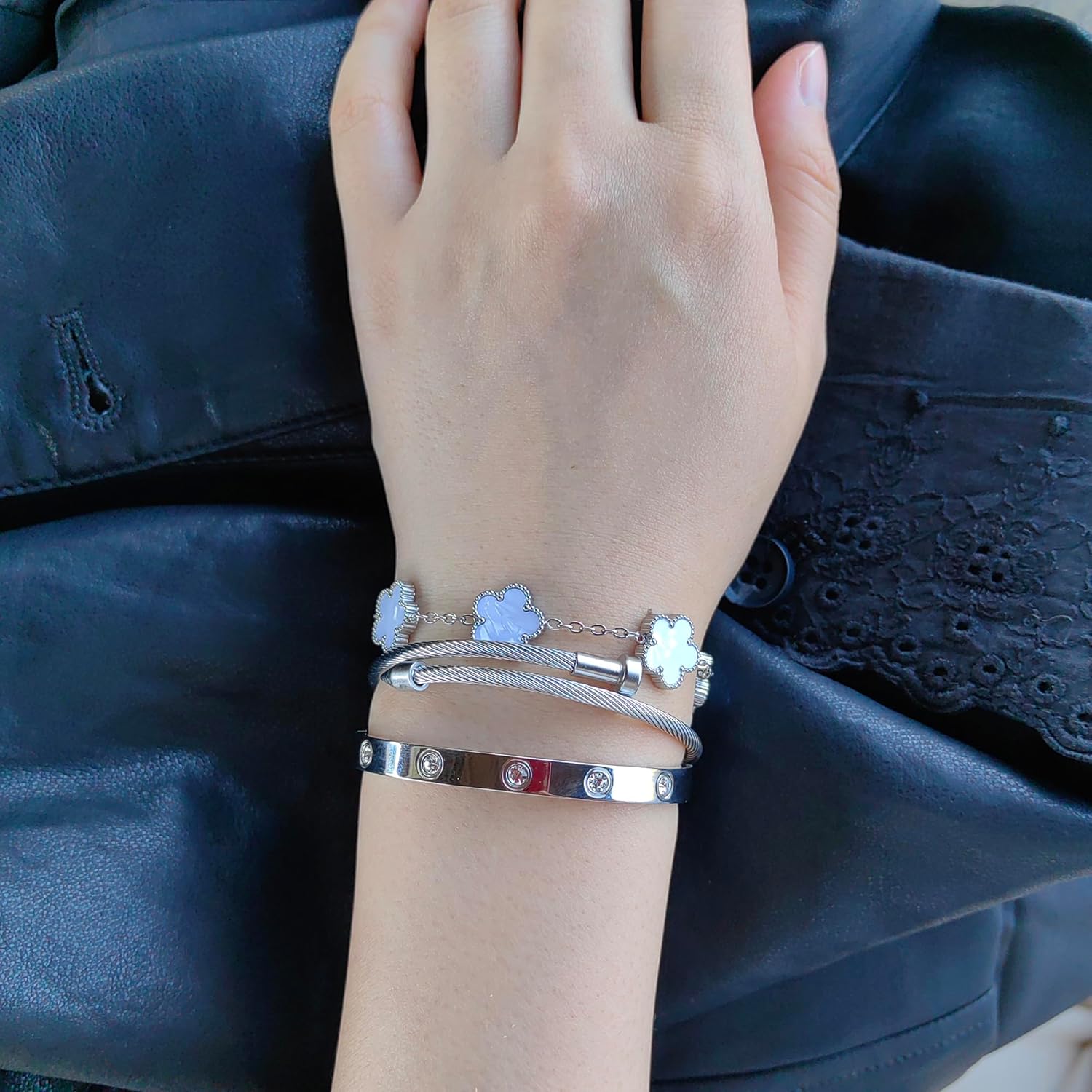 Womens Stackable Floral Silver Bracelets - 3Pcs Stainless Steel Bangle Bracelets Non Tarnish, Silver Bracelet Set Trendy Jewelry, Gifts for Girlfriend