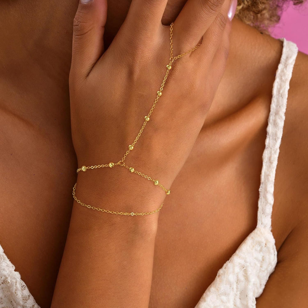 Hand Chain Bracelets for Women - 14K Real Gold Plated Dainty Stackable Paperclip Link Bracelets Hand Chain Bracelet Ring Gold Bracelets for Women Trendy