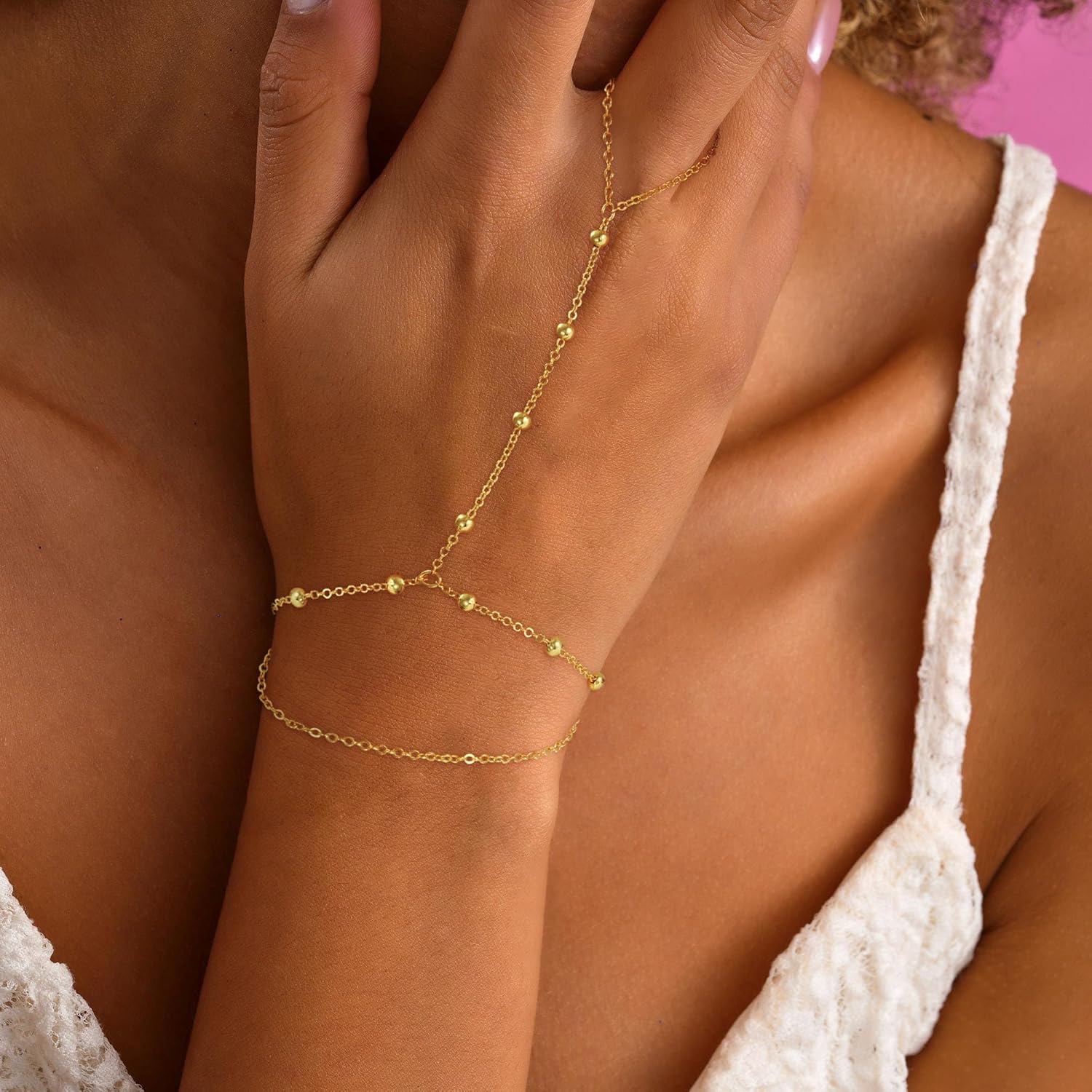 Hand Chain Bracelets for Women - 14K Real Gold Plated Dainty Stackable Paperclip Link Bracelets Hand Chain Bracelet Ring Gold Bracelets for Women Trendy
