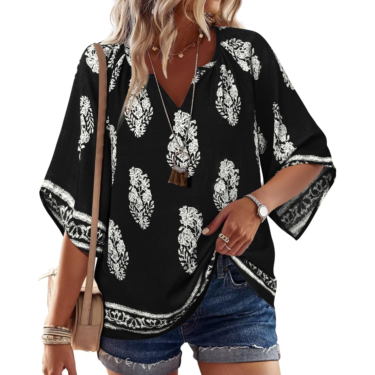 Bebonnie Womens 3/4 Sleeve V Neck Bohemian Peasant Blouses Casual Loose Fit Tunic Tops