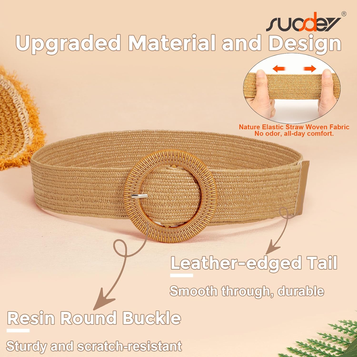 SUOSDEY Straw Woven stretchy Waist Belt for Women Dresses,Wide Boho Braided Elastic Belt with Round Buckle