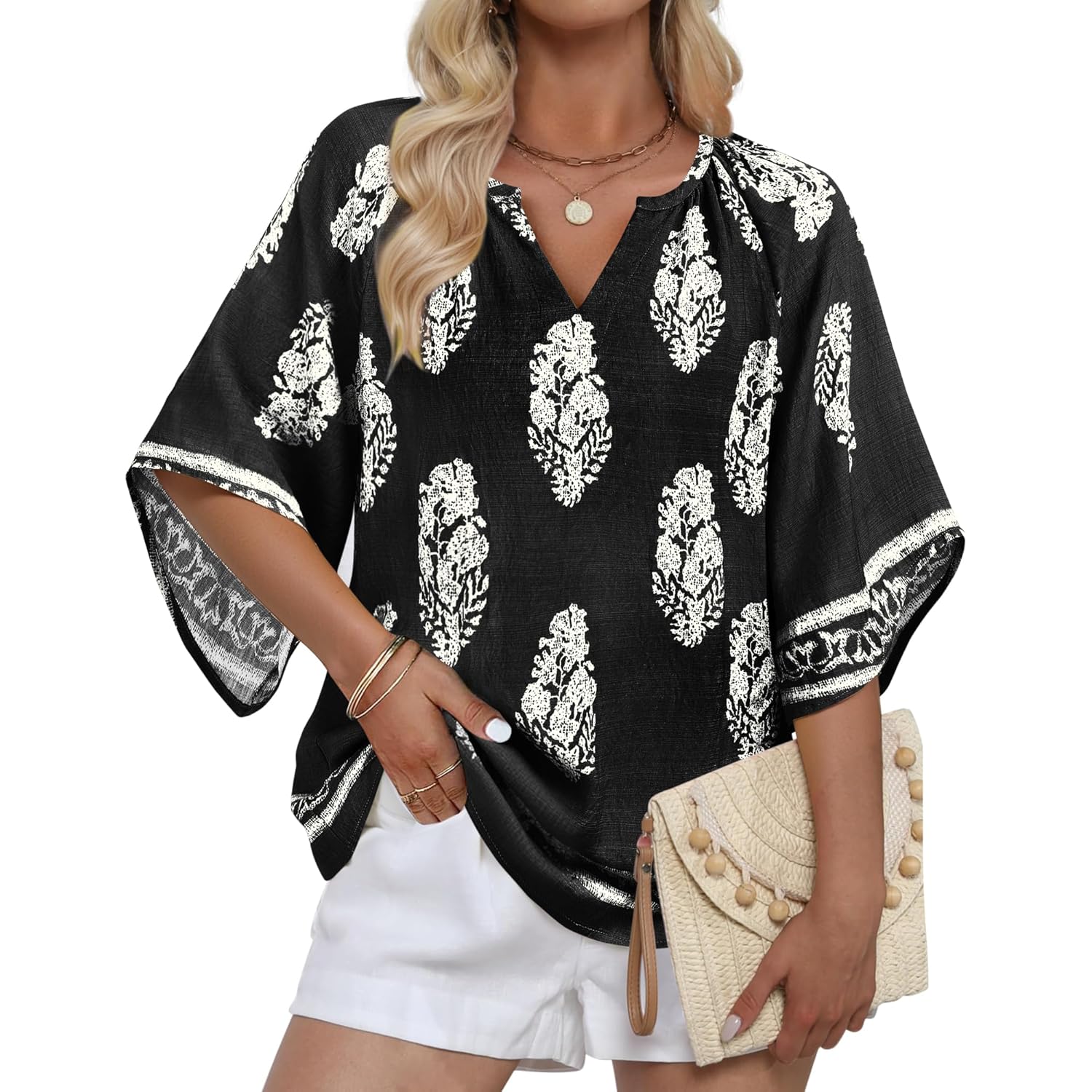 Bebonnie Womens 3/4 Sleeve V Neck Bohemian Peasant Blouses Casual Loose Fit Tunic Tops