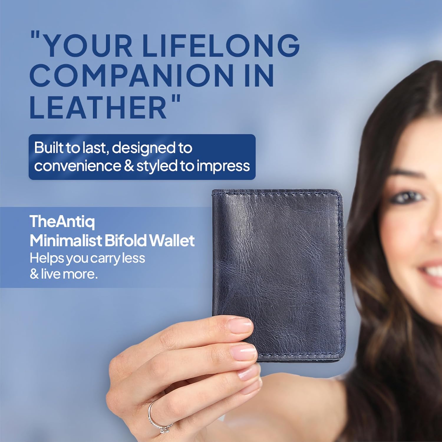 Blue Leather Card Holder for Men & Women - Credit Card Wallet Holds Up to 4 Cards, Compact Money Organizer, Bi-Fold Wallet for Front Pockets, Slim Credit Card Case Holder for Travel