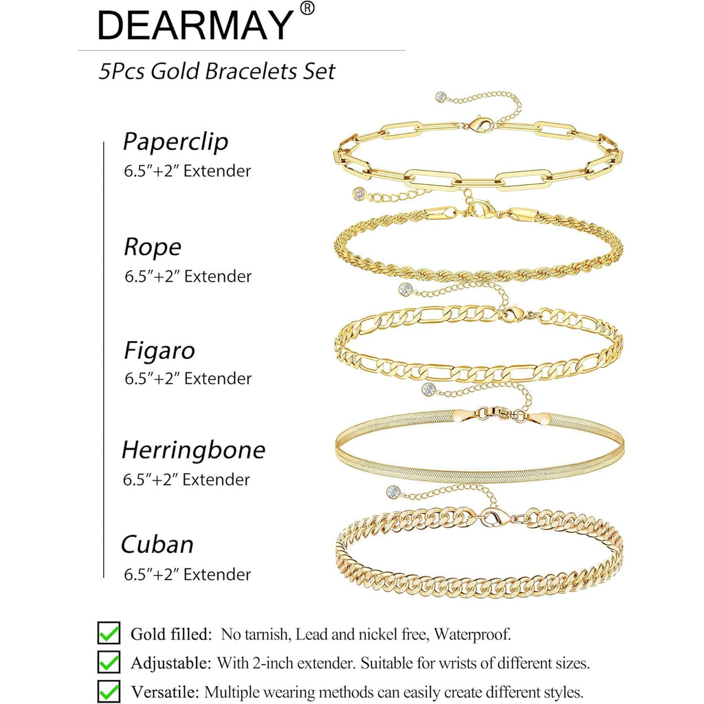 DEARMAY Gold Bracelets - Real 14K Women's Cute Tennis Cubic Beaded Link Paperclip Dainty Bracelet Pack