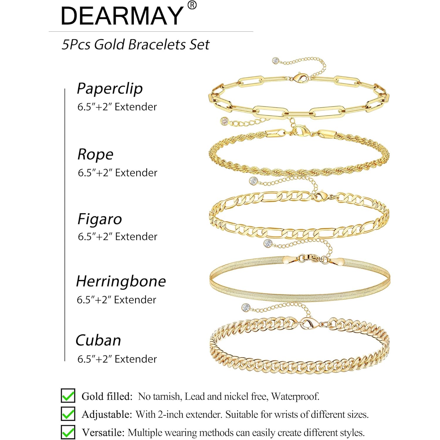 DEARMAY Gold Bracelets - Real 14K Women's Cute Tennis Cubic Beaded Link Paperclip Dainty Bracelet Pack