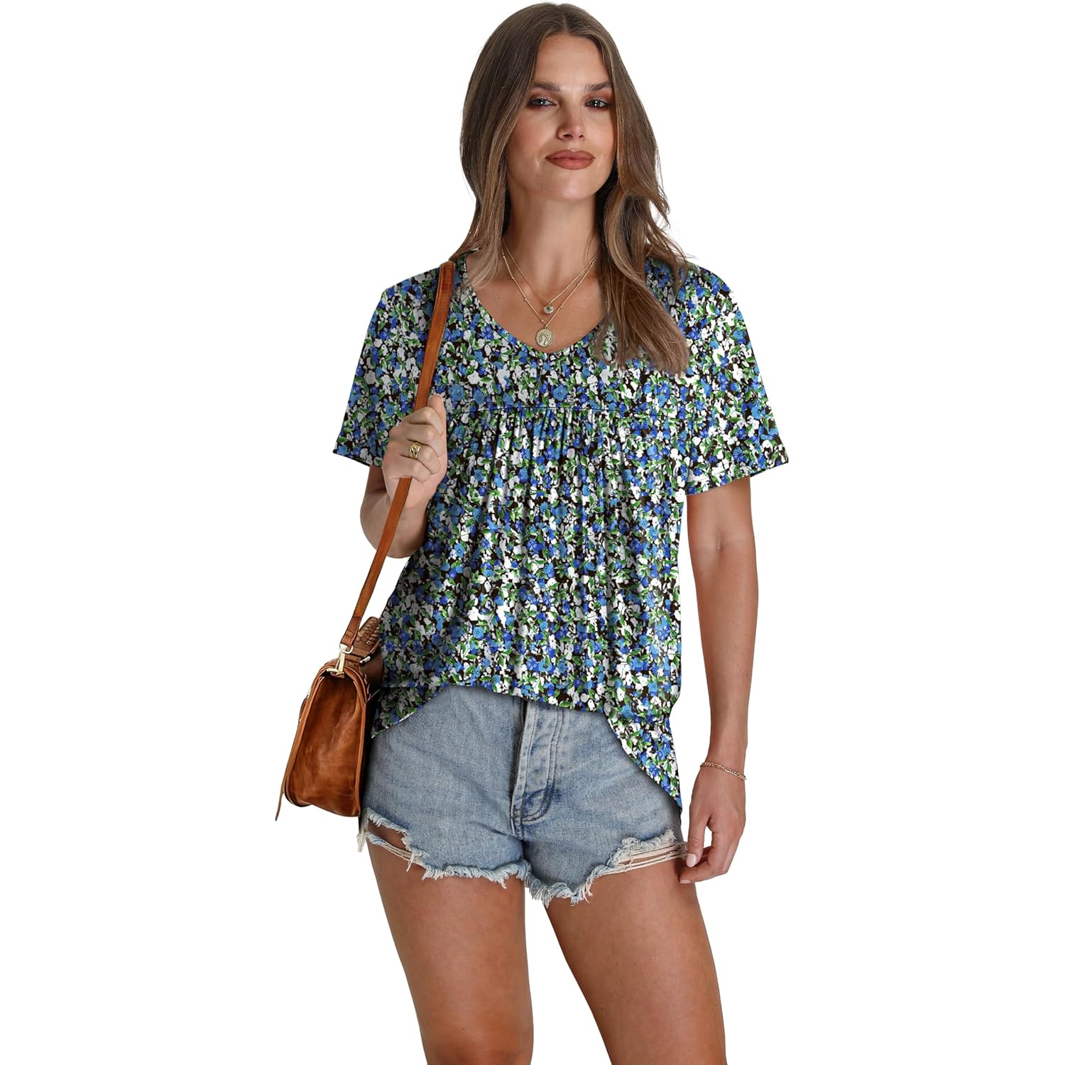 WEESO Womens T Shirts Short Sleeve Pleated Dressy Casual V Neck Summer Tops Blouses