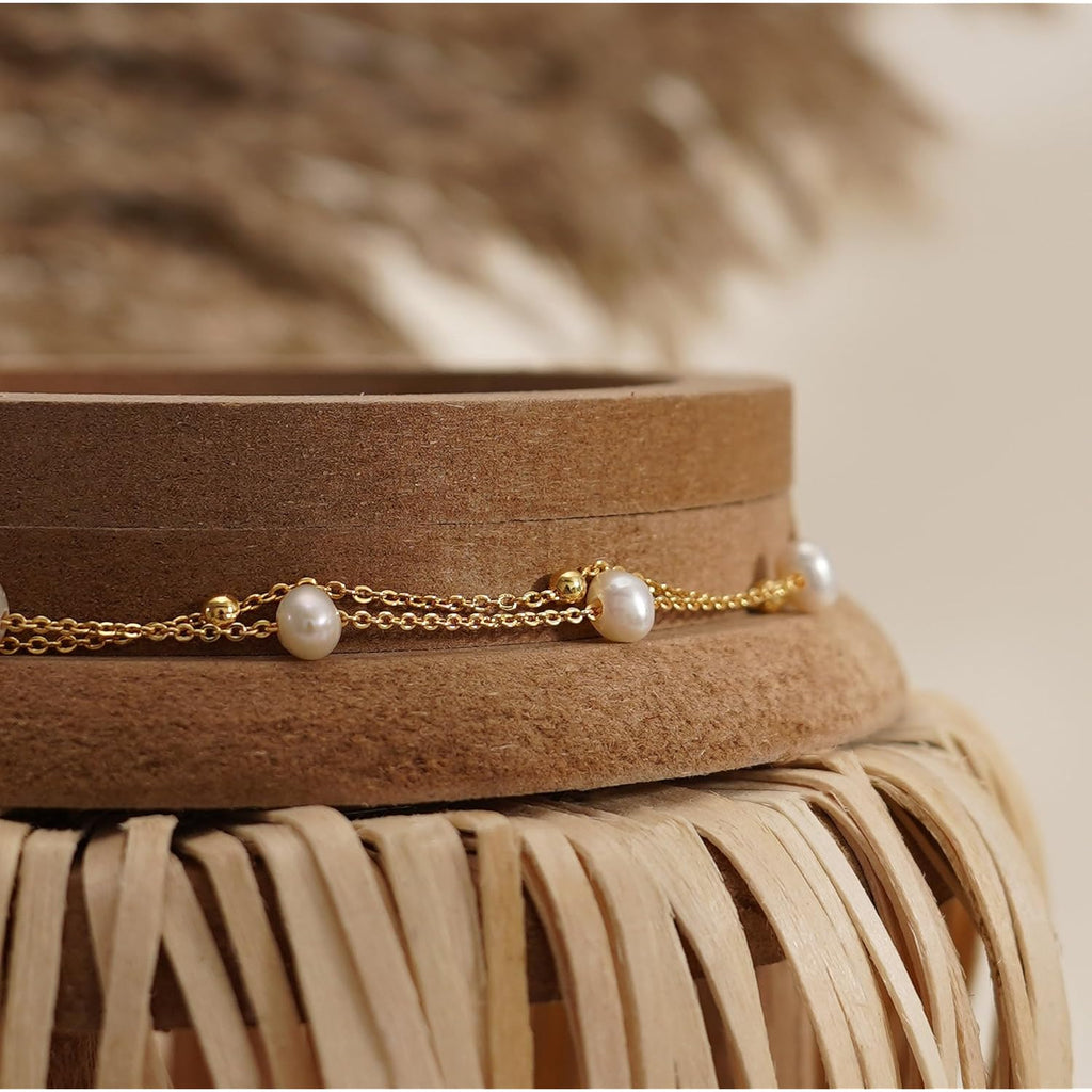 Gold Pearl Bracelets for Women,14K Gold Plated Bracelets Dainty Pearls Beaded Link Chain Charm Bracelets Set Layered Non Tarnish Tiny Jewelry for Women