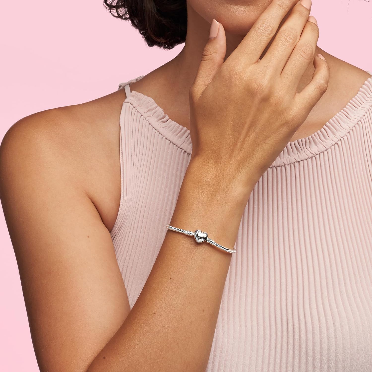PANDORA Moments Heart Clasp Snake Chain Bracelet - Compatible Moments Charms - Gift for Her - Sterling Silver - With Gift Box