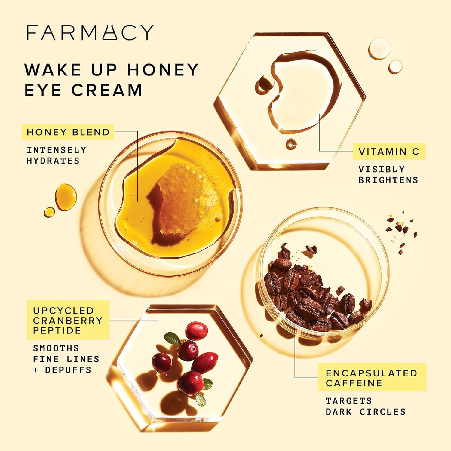 Farmacy Brightening Eye Cream - Wake Up Honey Under Eye Cream for Dark Circles + Puffiness - Enriched with Vitamin C + Cranberry Peptide to Smooth Wrinkles Over Time (15ml)