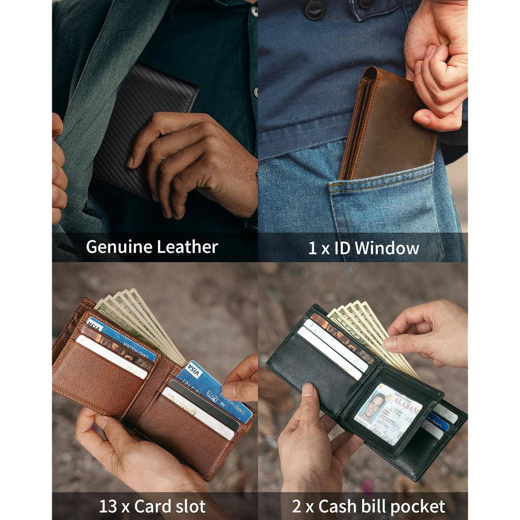 Mens Wallet Genuine Leather Bifold RFID Blocking Wallet for Men with 1 ID Window 13 Card Holders 2 cash pockets 1 Gift Box