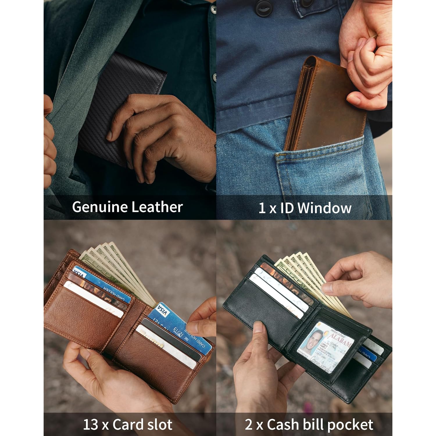 Mens Wallet Genuine Leather Bifold RFID Blocking Wallet for Men with 1 ID Window 13 Card Holders 2 cash pockets 1 Gift Box