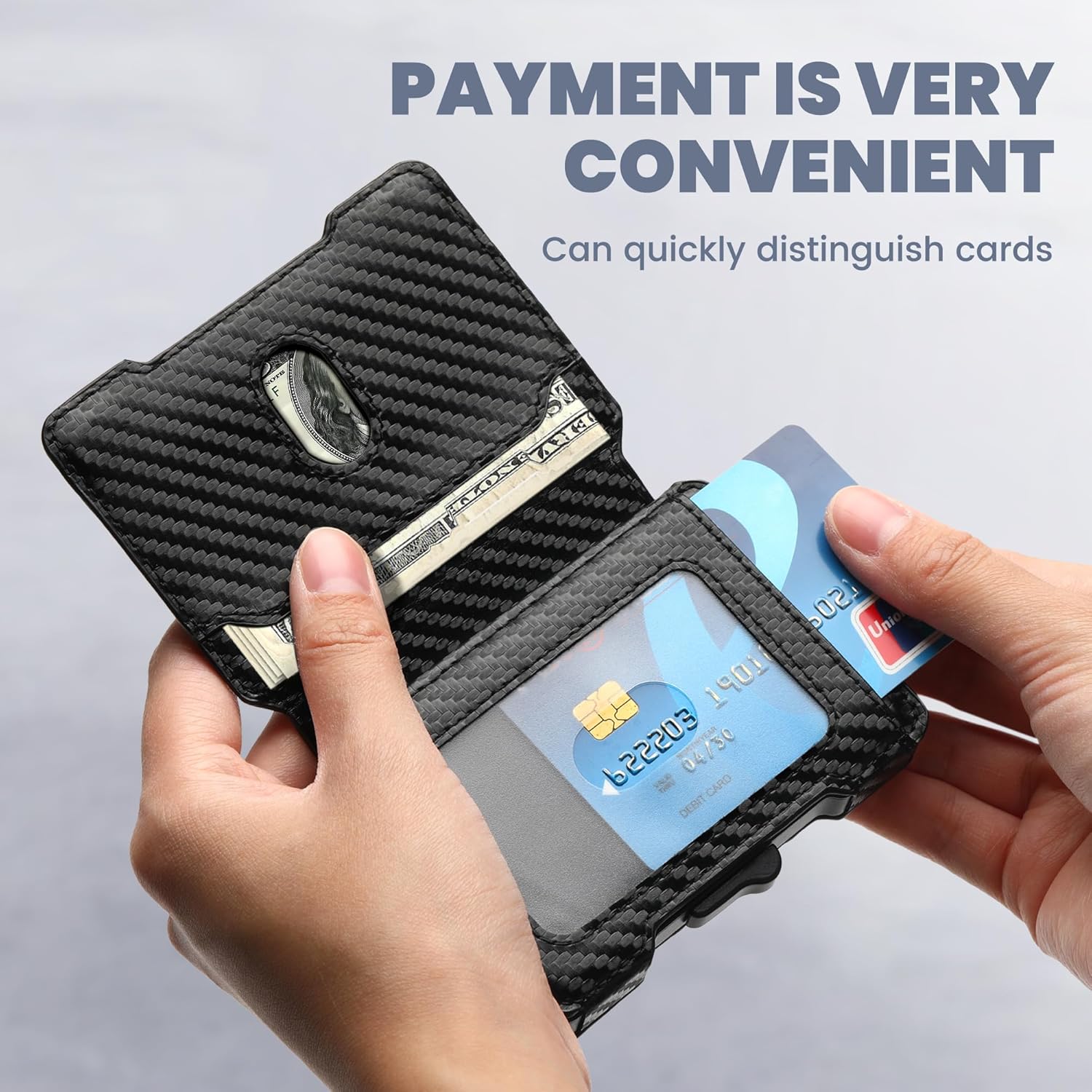 Wallet for Men, RFID Blocking Slim Mens Wallet with Money Clip, Minimalist Pop Up Card Case, ID Window, 9-11Cards Capacity, Bifold Leather Front Pocket Wallet with Gift Box (Black-Carbon Fiber)