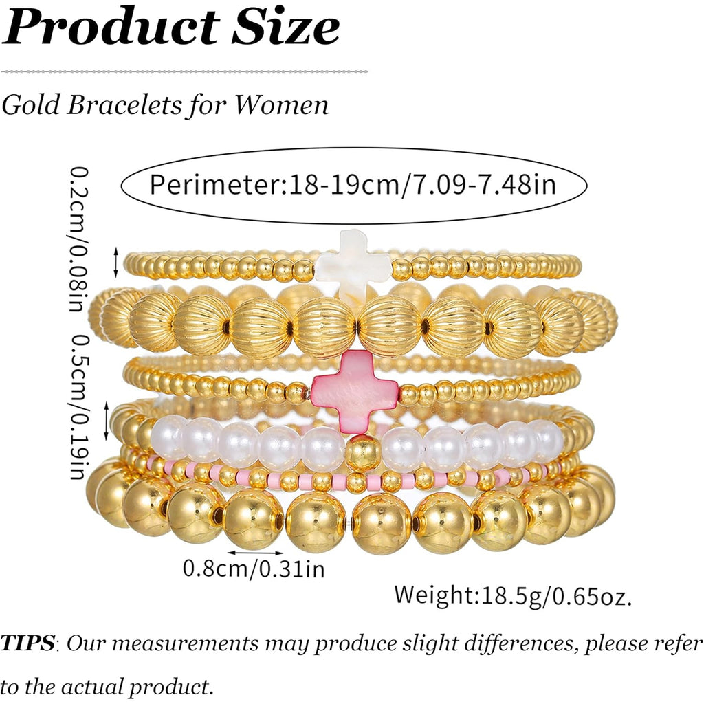 HUASAI Gold Beaded Bracelet Stack for Women Trendy Non Tarnish Chunky Stretch Paperclip Cross Pearl Bracelets Set Stackable Jewelry Costume Accessories