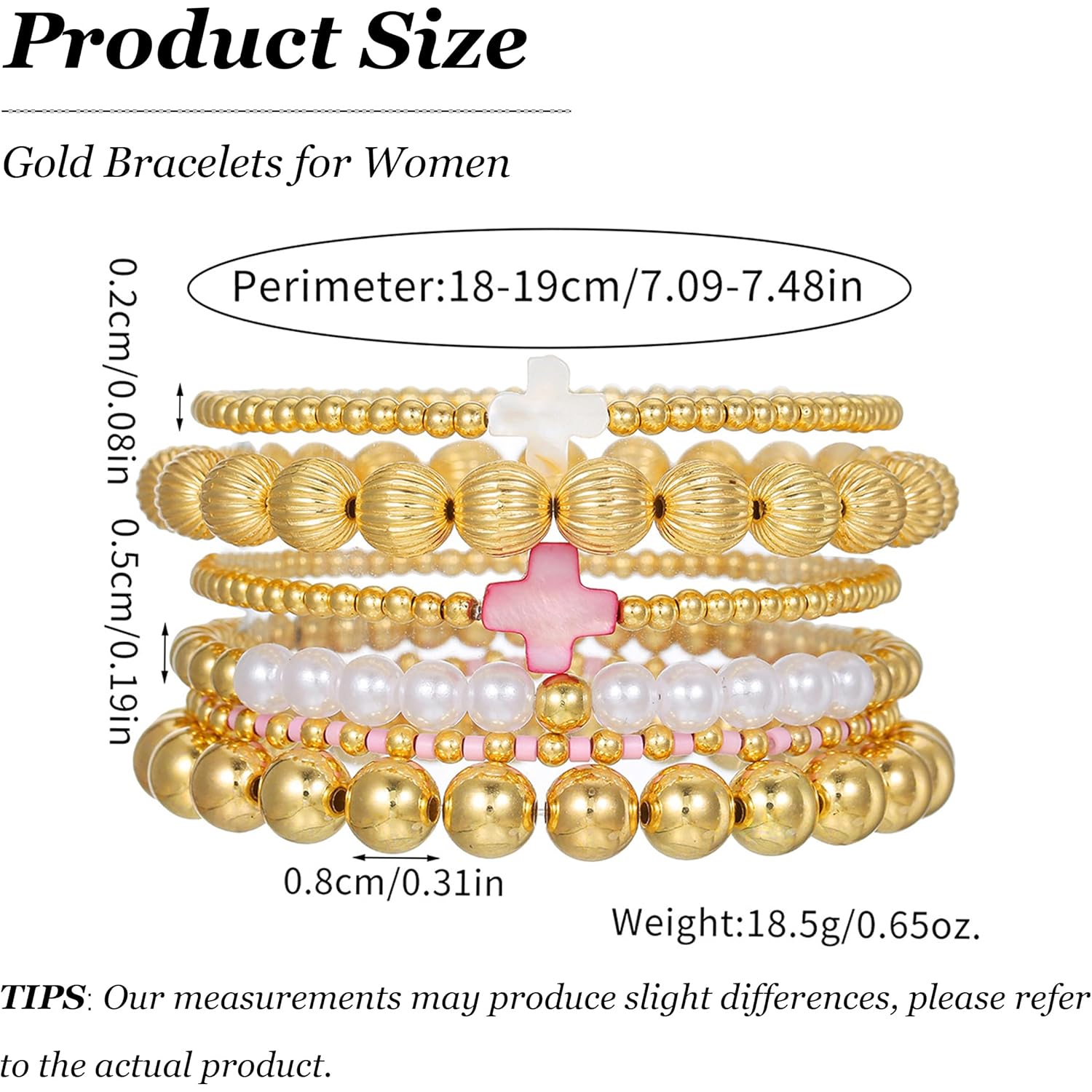 HUASAI Gold Beaded Bracelet Stack for Women Trendy Non Tarnish Chunky Stretch Paperclip Cross Pearl Bracelets Set Stackable Jewelry Costume Accessories