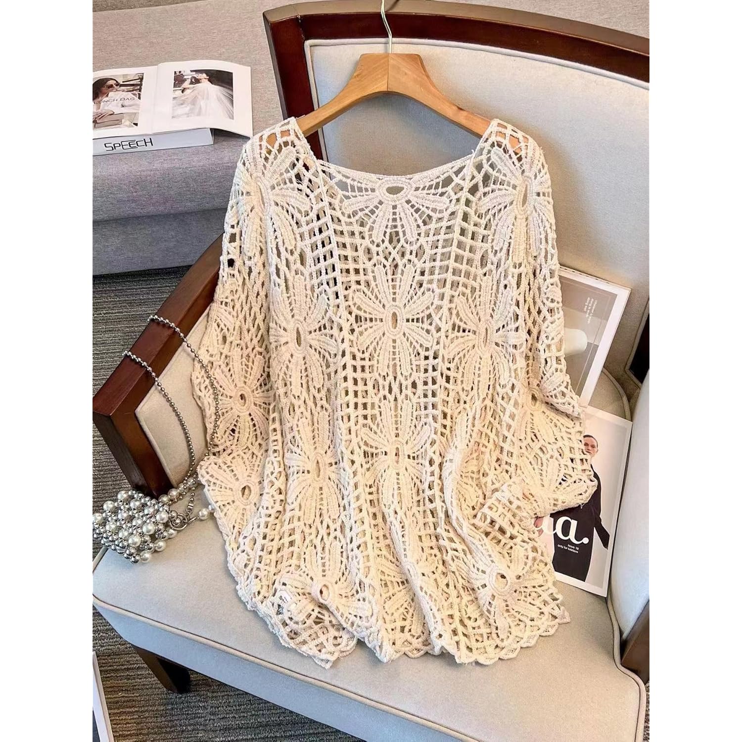 MakeMeChic Women's Plus Size Crochet Tops Floral Dolman Sleeve Summer Spring Top