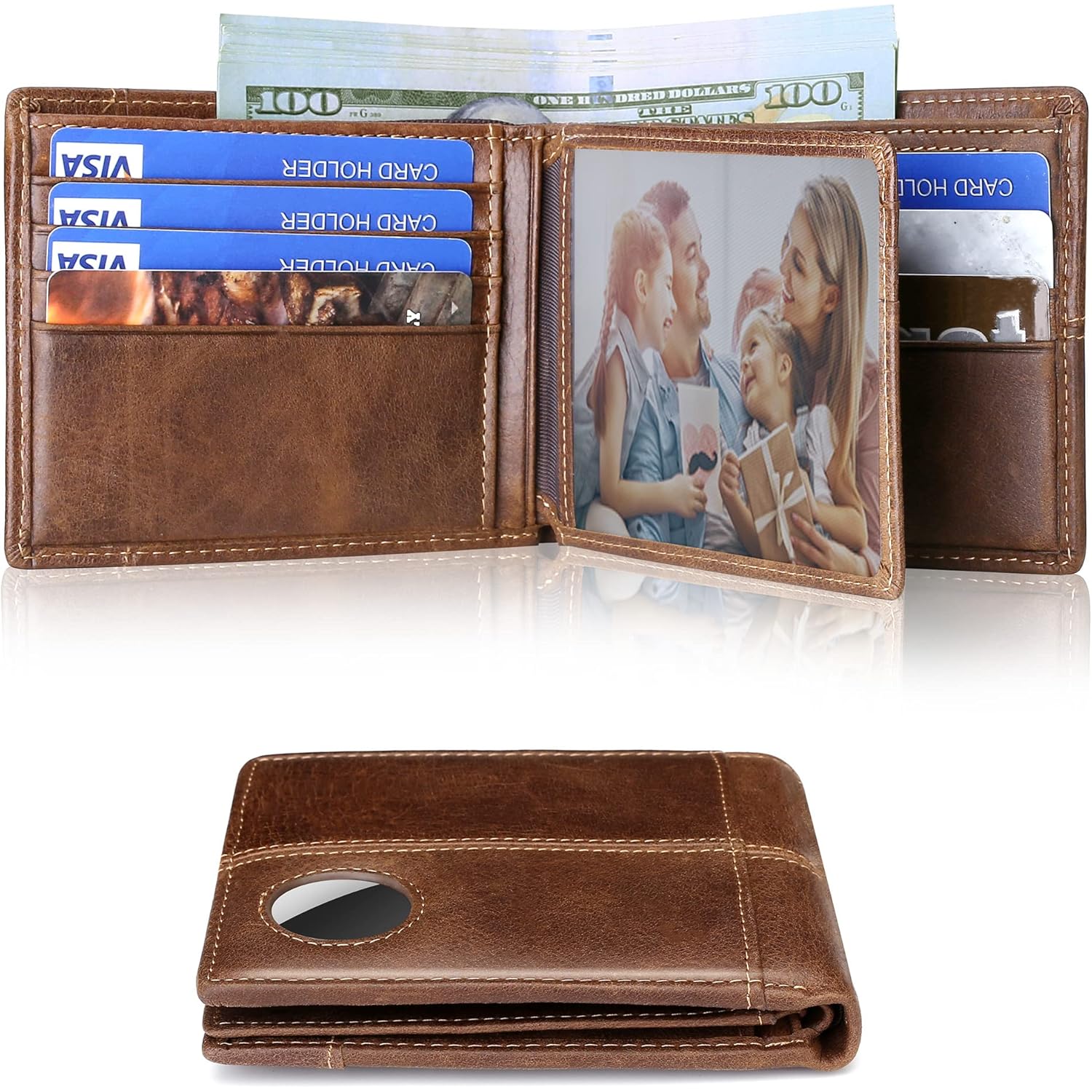 Swallowmall AirTag Wallet Mens RFID Blocking Genuine Bifold Leather Wallets for air tag Men's Wallet with 1 ID Window 15 Card Slots (Airtag Not included)