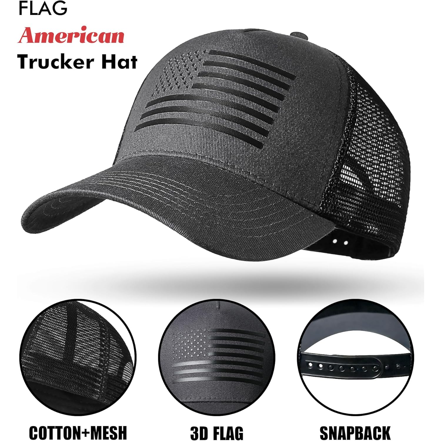 American Flag Trucker Hat Baseball Cap Snapback Fitted Hats for Men Women Snap Closure Design Breathable Mesh Side Durable