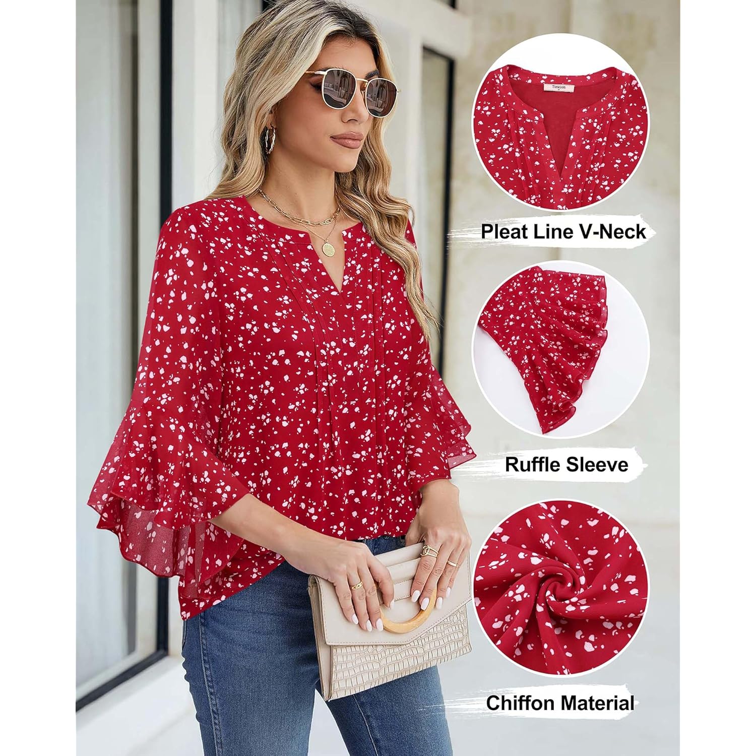 Timeson Women's 3/4 Sleeve Tops Dressy Casual Business Work Blouses Chiffon Shirts