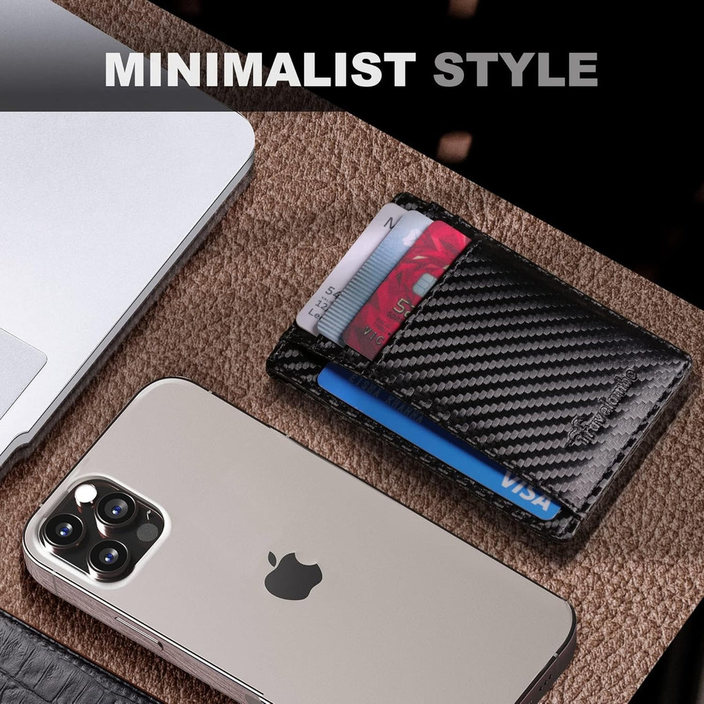 Travelambo Front Pocket Minimalist Leather Slim Wallet RFID Blocking Carbon Fiber Texture