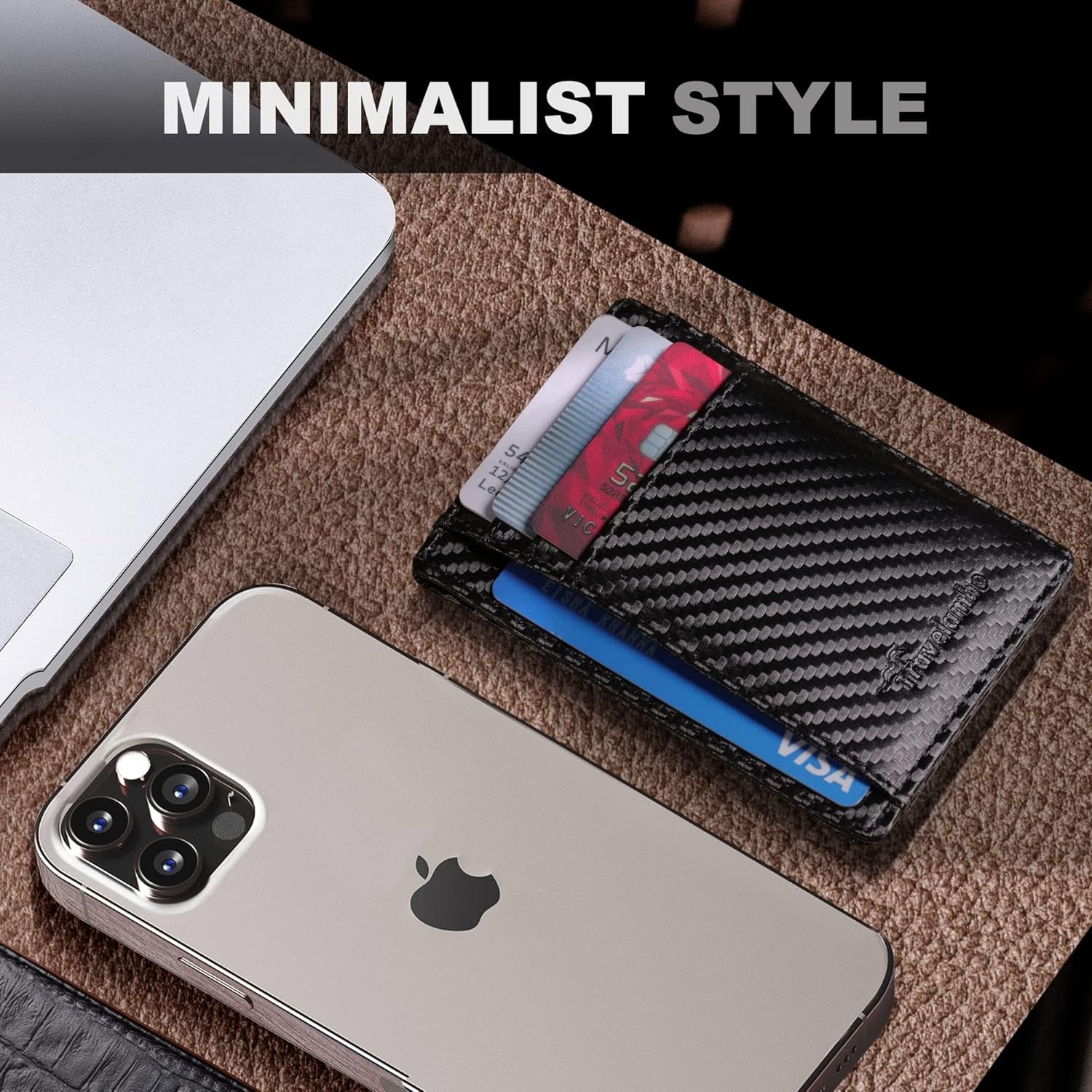 Travelambo Front Pocket Minimalist Leather Slim Wallet RFID Blocking Carbon Fiber Texture
