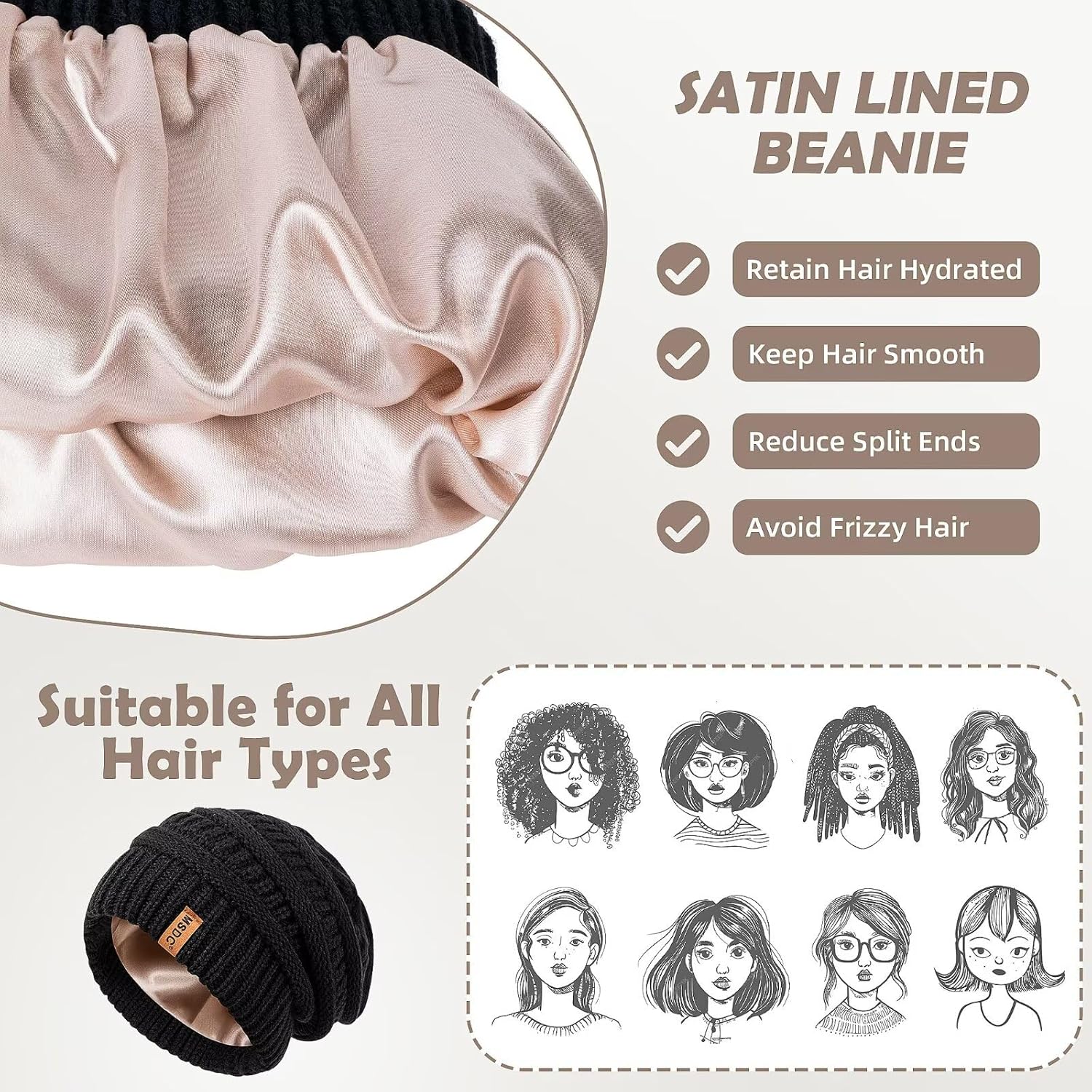3 Pack Satin Lined Beanie for Women, Warm Slouchy Winter Hats with Silk Lined, Fashionable Oversized Cable Knit Hat Skull Cap