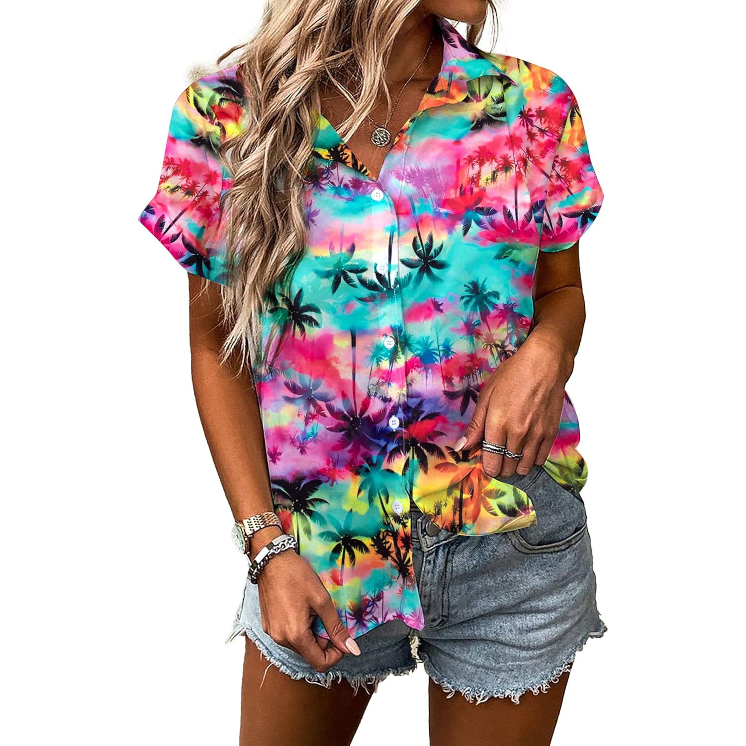 Women Hawaiian Shirt Soft Cool Summer Hawaii Tshirts Beach Tropic Print V Neck Button up Tops Floral Short Sleeve Tops