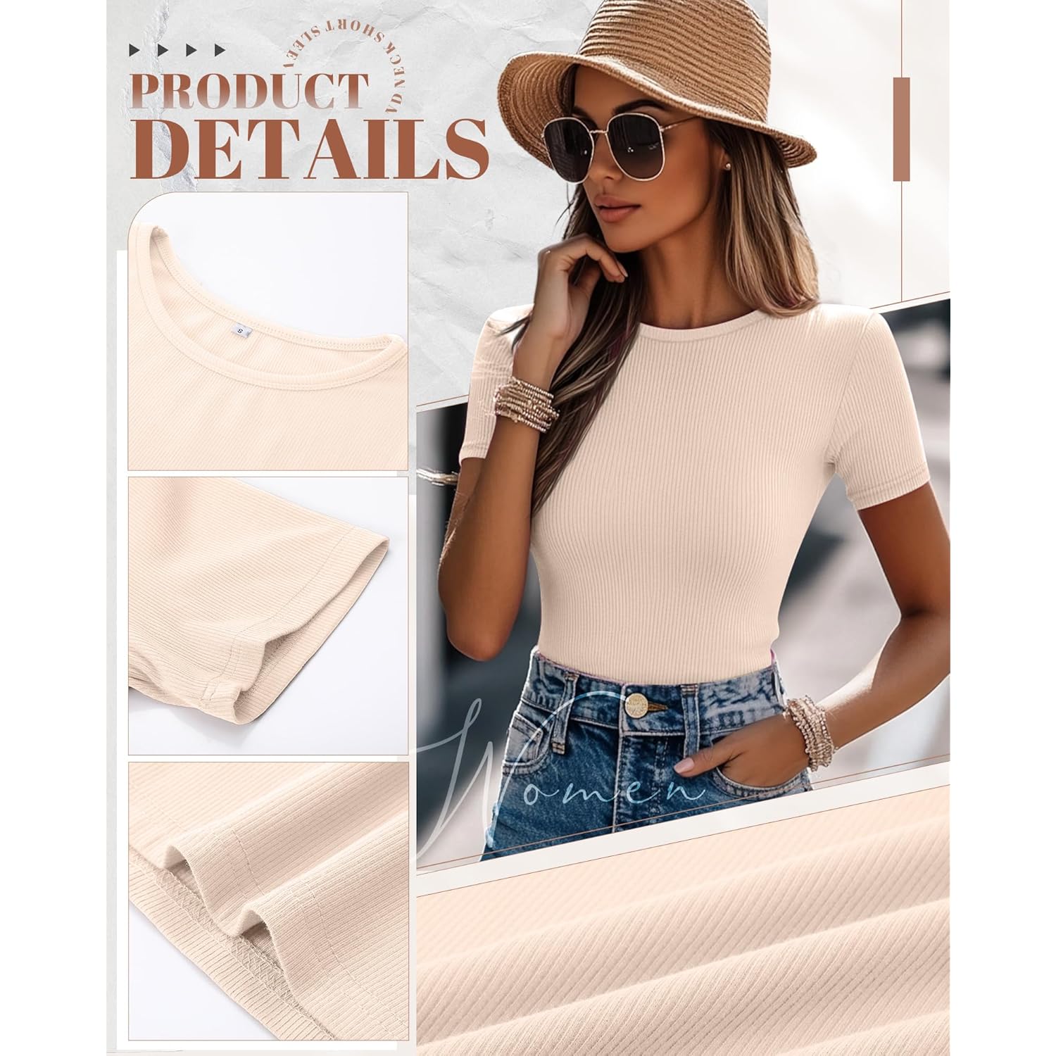 Ficerd 3 Pack Women's Ribbed T-Shirts, Cotton Short Sleeve Basic Tees Crewneck Fitted Tops Casual Shirts 2025 Summer Trendy