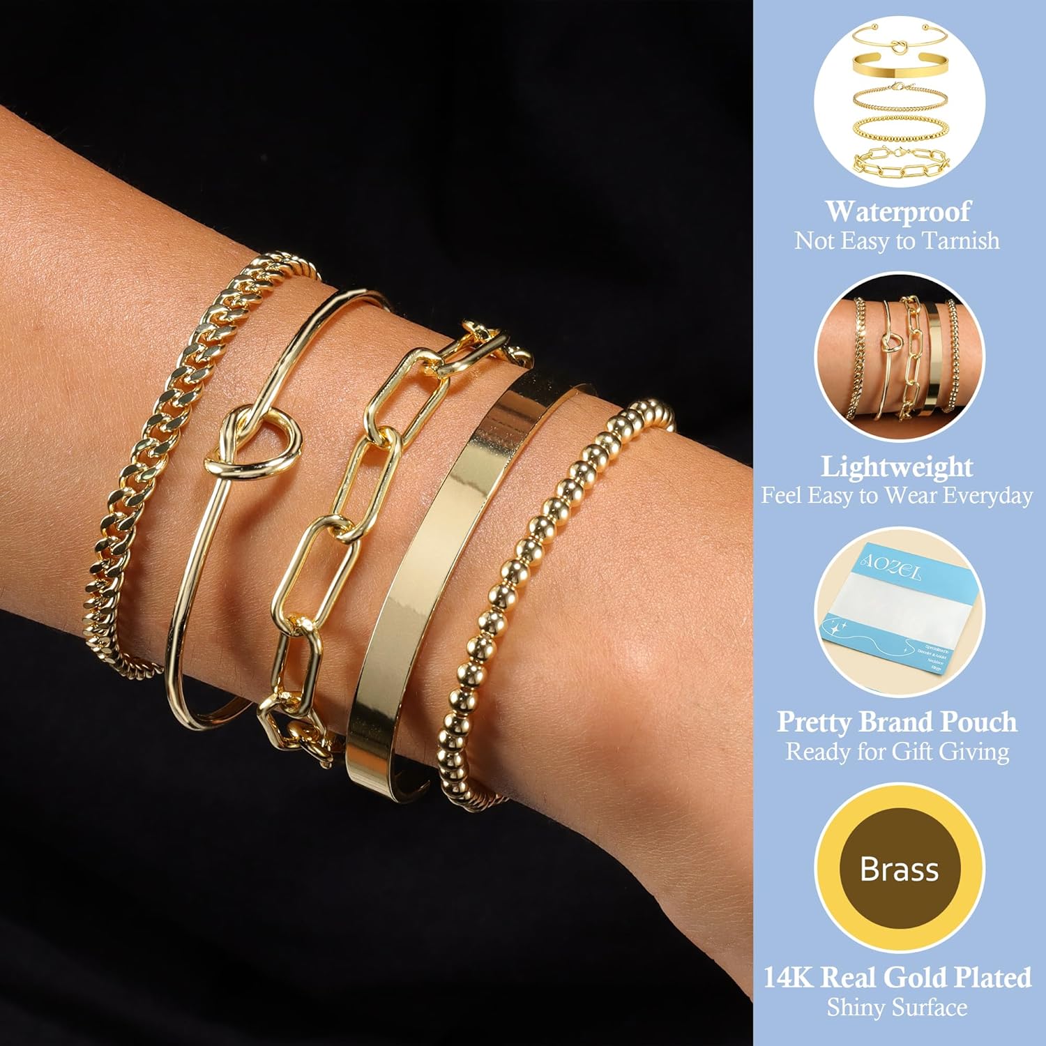 14K Real Gold Plated Bracelets for Women Stack,Bangle Cuff Bracelet Set Non Tarnish Jewelry for Women Trendy