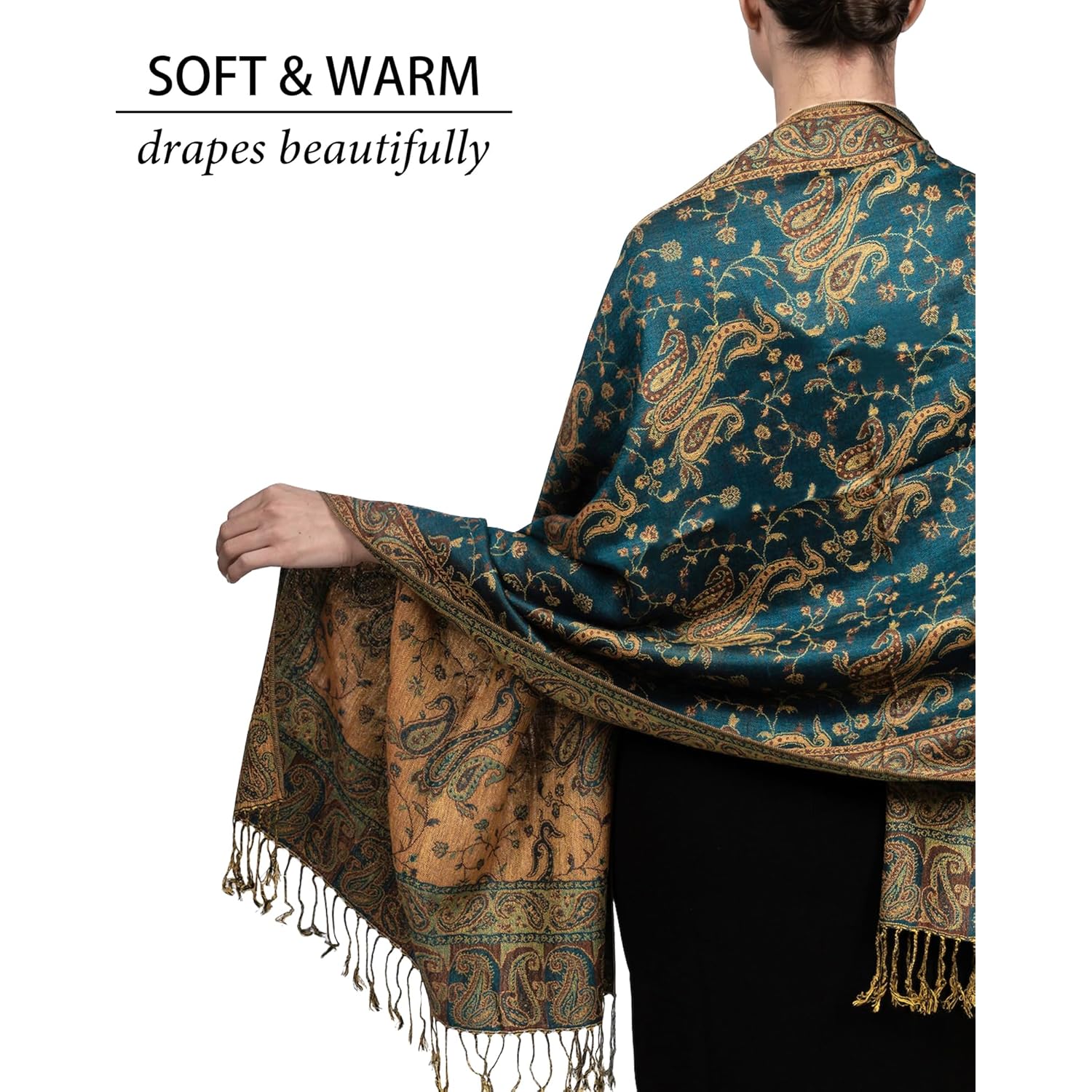 Achillea Reversible Paisley Pashmina Rave Scarf – Exotic Indian Shawls and Wraps for Evening Dresses, Festivals, All Seasons