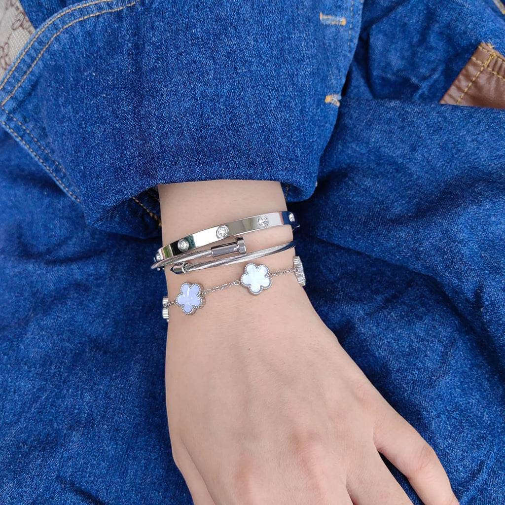 Womens Stackable Floral Silver Bracelets - 3Pcs Stainless Steel Bangle Bracelets Non Tarnish, Silver Bracelet Set Trendy Jewelry, Gifts for Girlfriend
