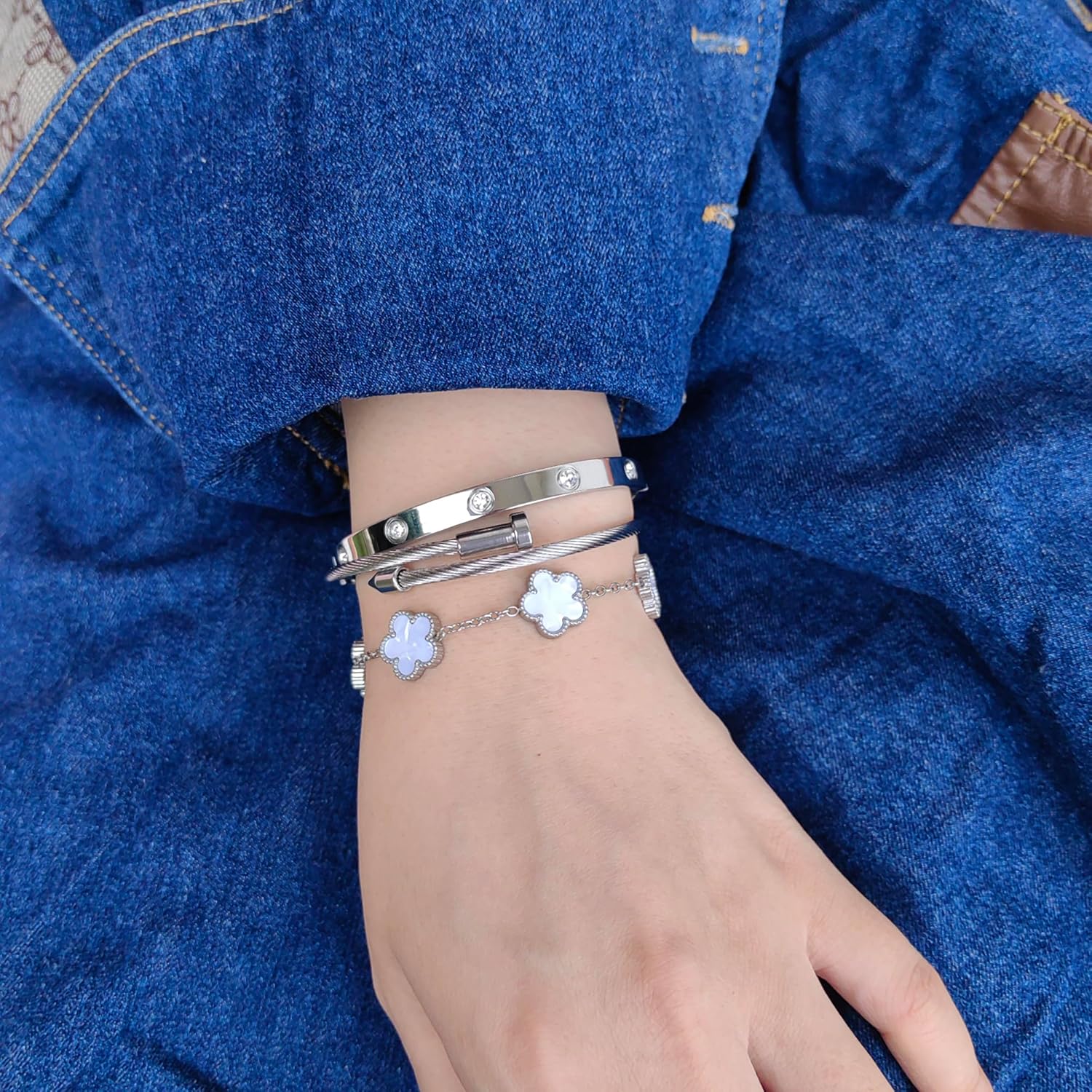 Womens Stackable Floral Silver Bracelets - 3Pcs Stainless Steel Bangle Bracelets Non Tarnish, Silver Bracelet Set Trendy Jewelry, Gifts for Girlfriend