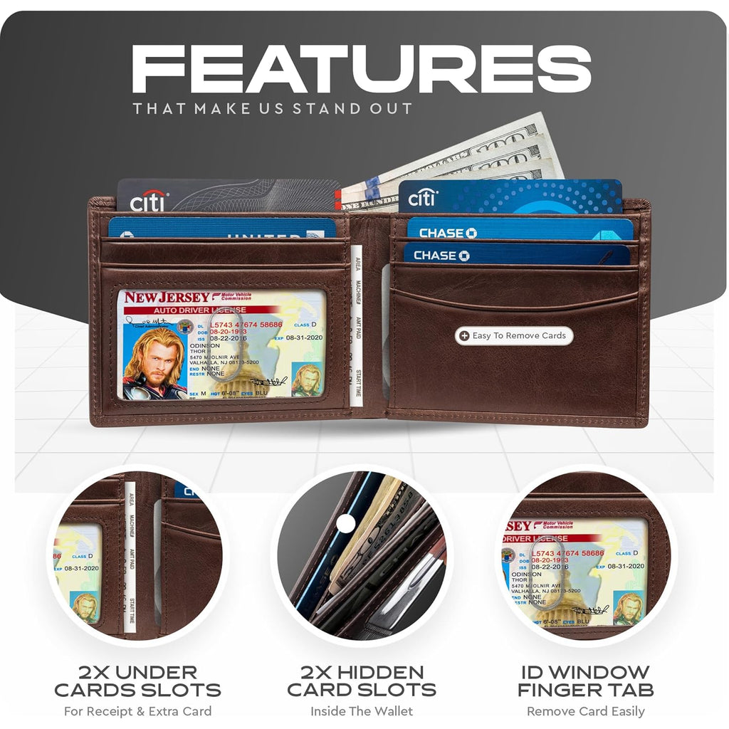 Claasico Men’s Bifold Wallet for Men – Genuine Leather RFID Wallet, Slim Billfold Cardholder w/ID Window – Gift Box Included