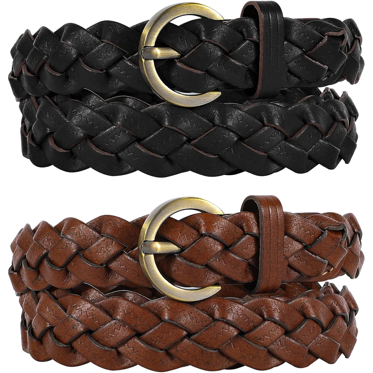 XZQTIVE 2 Pieces Women's Braided Leather Belts Casual Skinny Woven Belt for Jean Pant