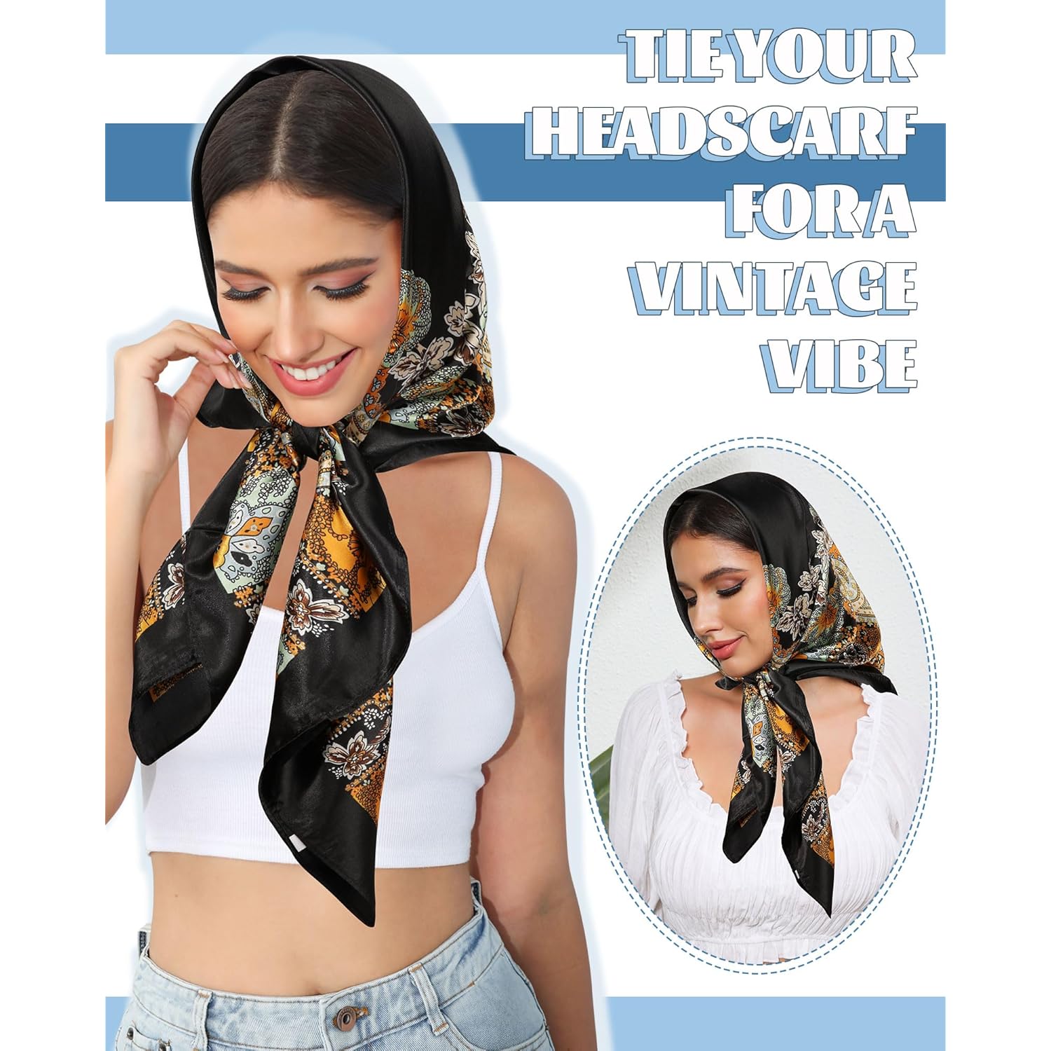 AWAYTR 35” Large Square Satin Head Scarf - 3Pcs Satin Hair Scarves Silk Bandana Scarf Headscarf Silk Feeling Scarf for Women
