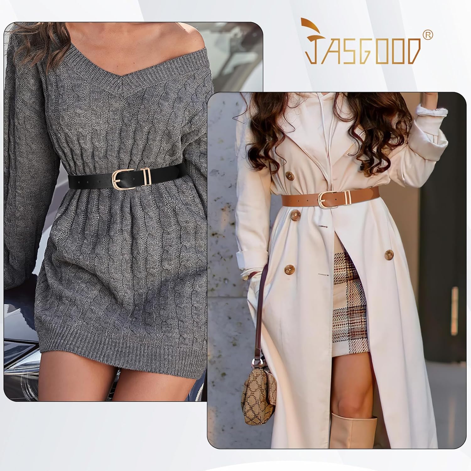 JASGOOD 3 Pack Women Leather Belts For Jeans Dresses Pants Ladies Faux Leather Waist Belt with Gold Buckle