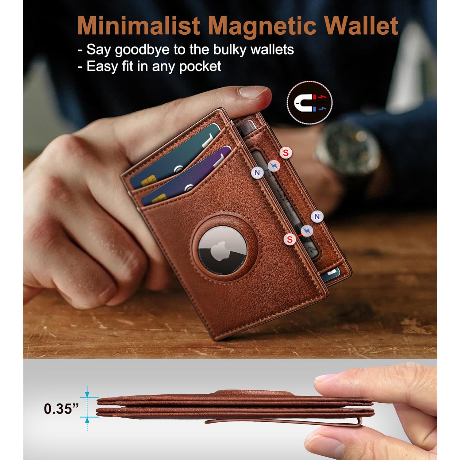 Airtag Wallet for Men- with Money Clip Gift Boxed, Magnetic Closure Slim Genuine Leather Front Pocket Wallet, 4.1"x 2.8", RFID Blocking