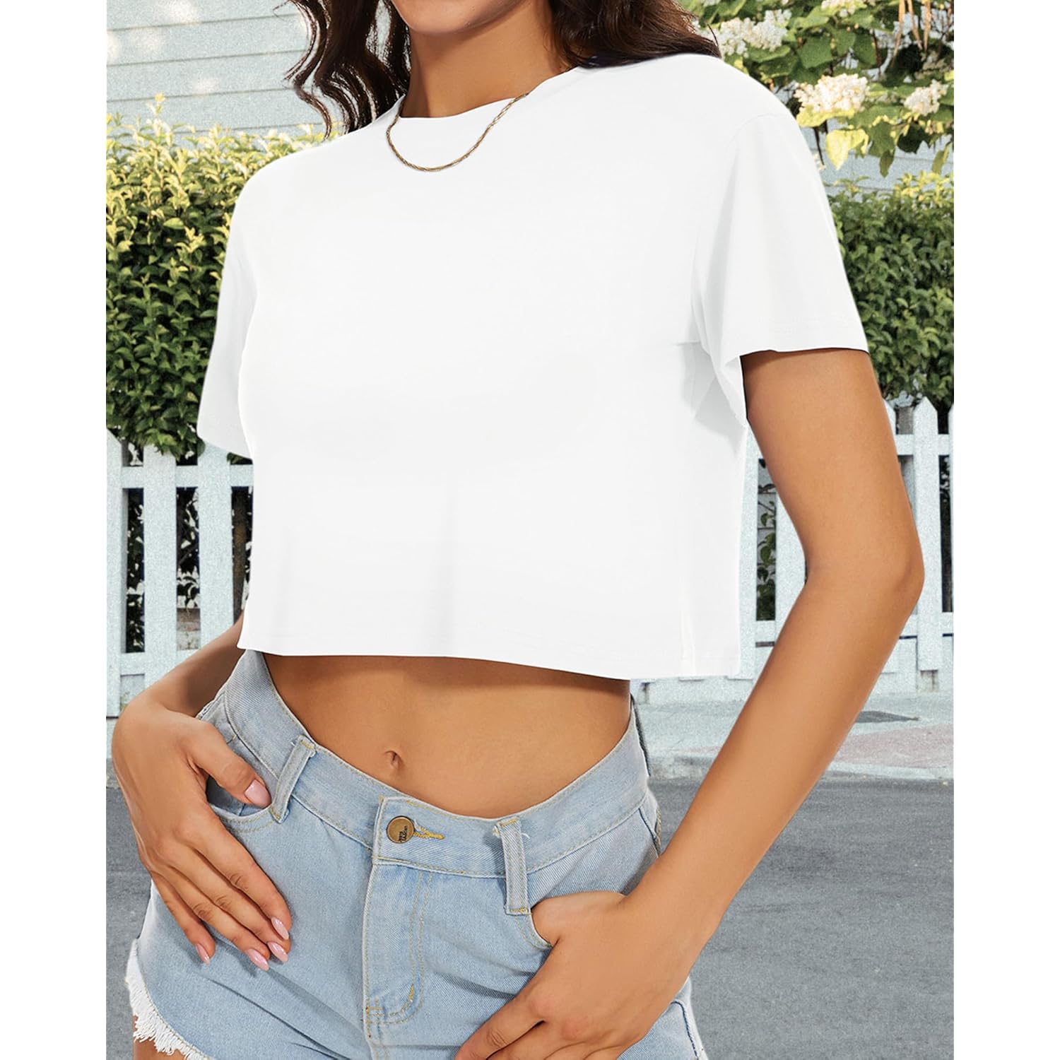 Womens Summer Crop Tops Short Sleeve Round Neck T-Shirts Loose Fit Casual Blouse
